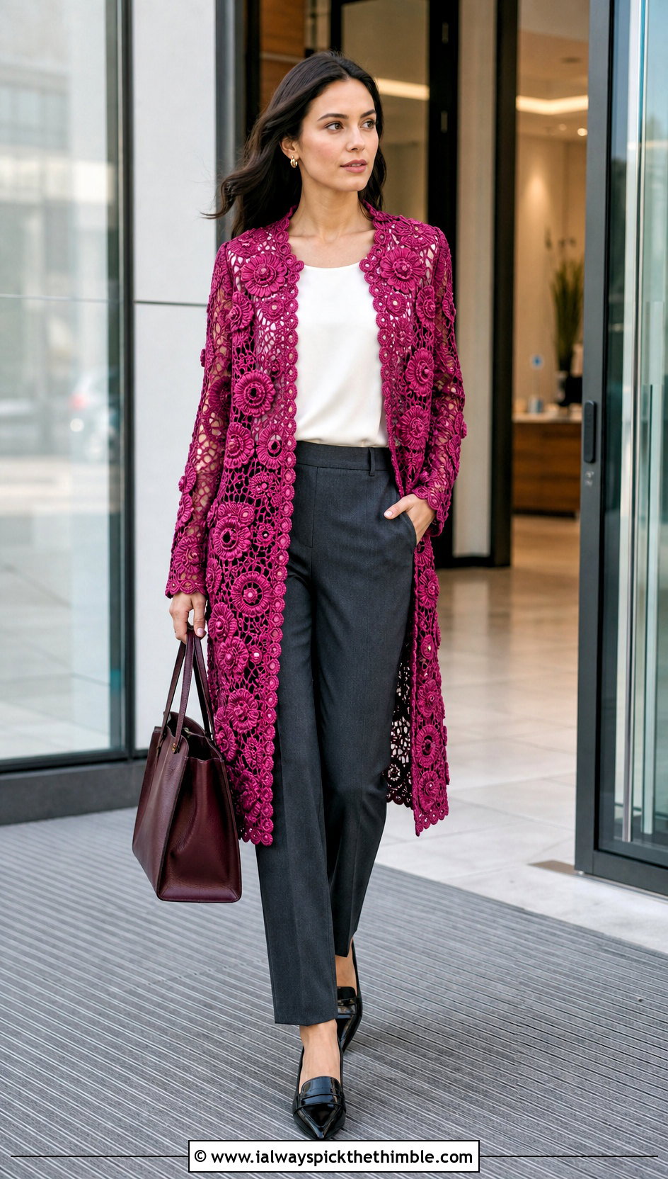 Clones Lace Irish Crochet Coat With Tailored Trousers - 20 irish crochet coat outfit ideas