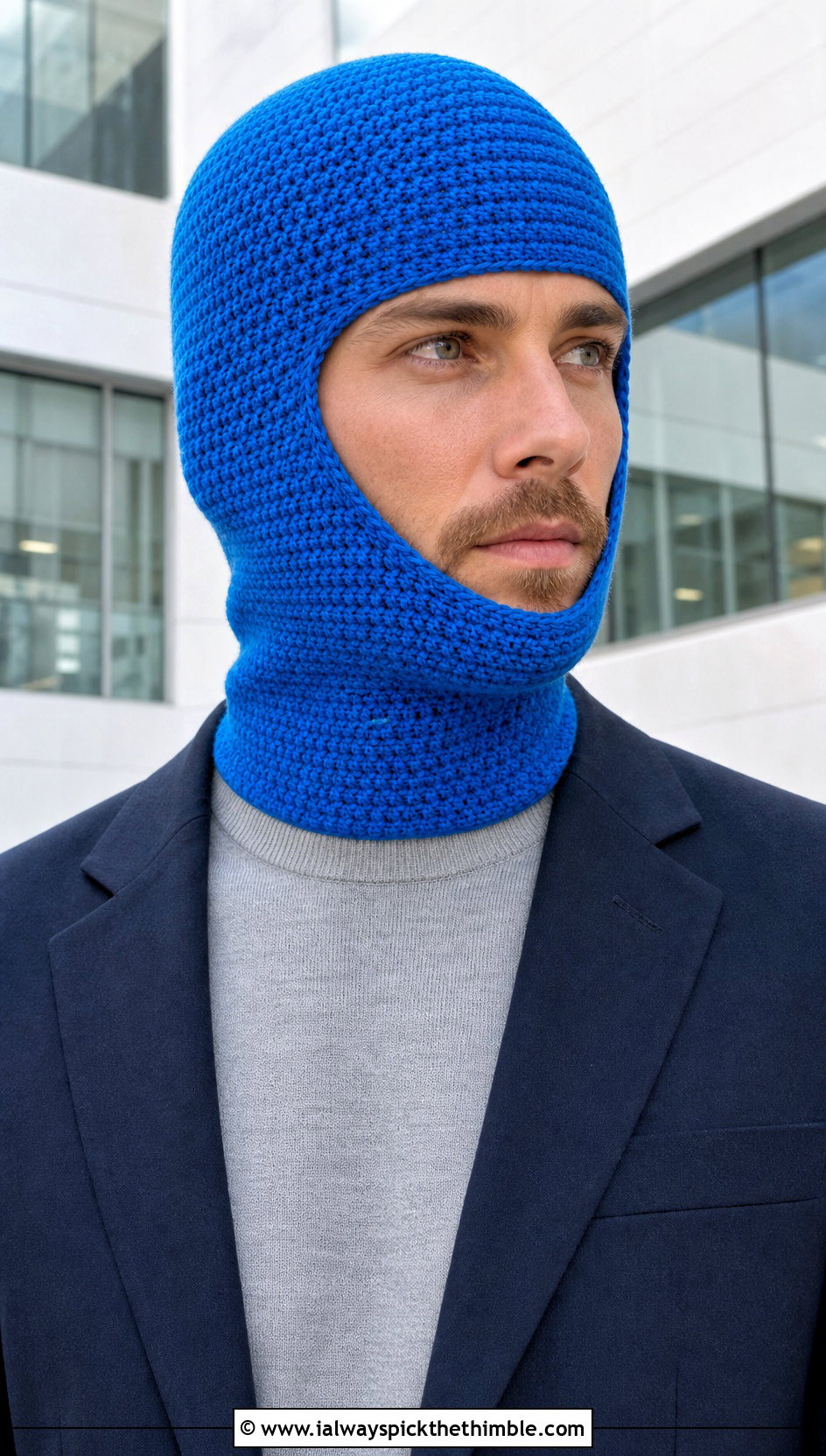 Close Fit Crochet Balaclava With Business Casual Blazer - 20 crochet balaclava for men outfit ideas
