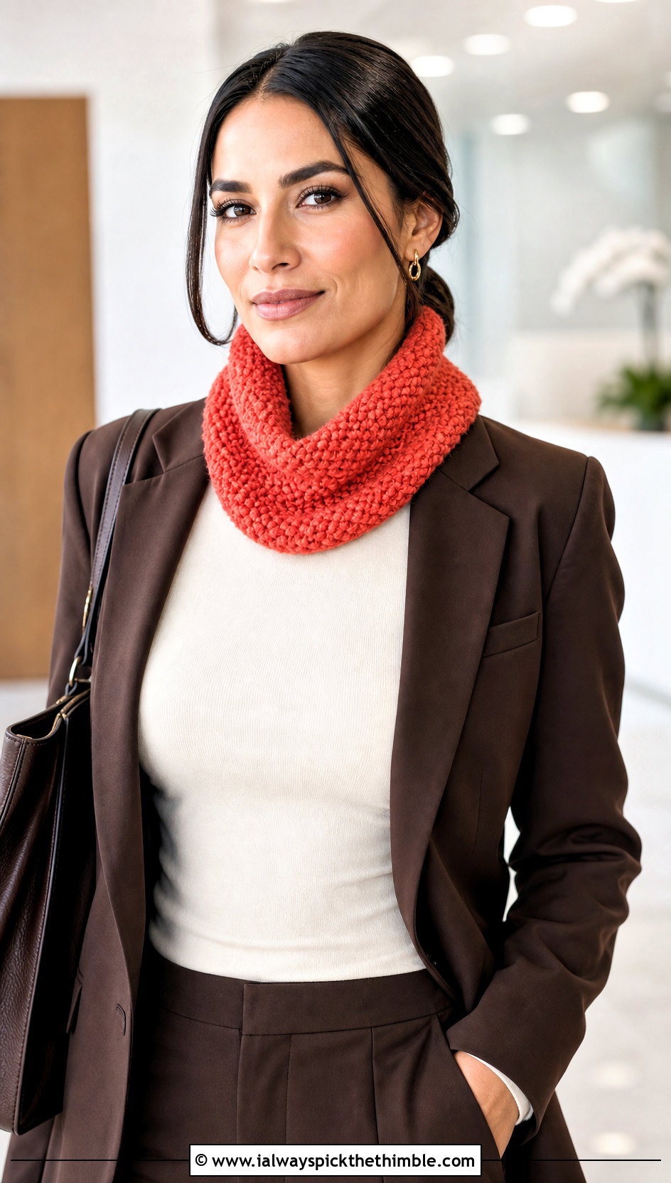 Close Fit Crochet Cowl Scarf With Pantsuit - 20 Crochet Loop Scarf outfit ideas