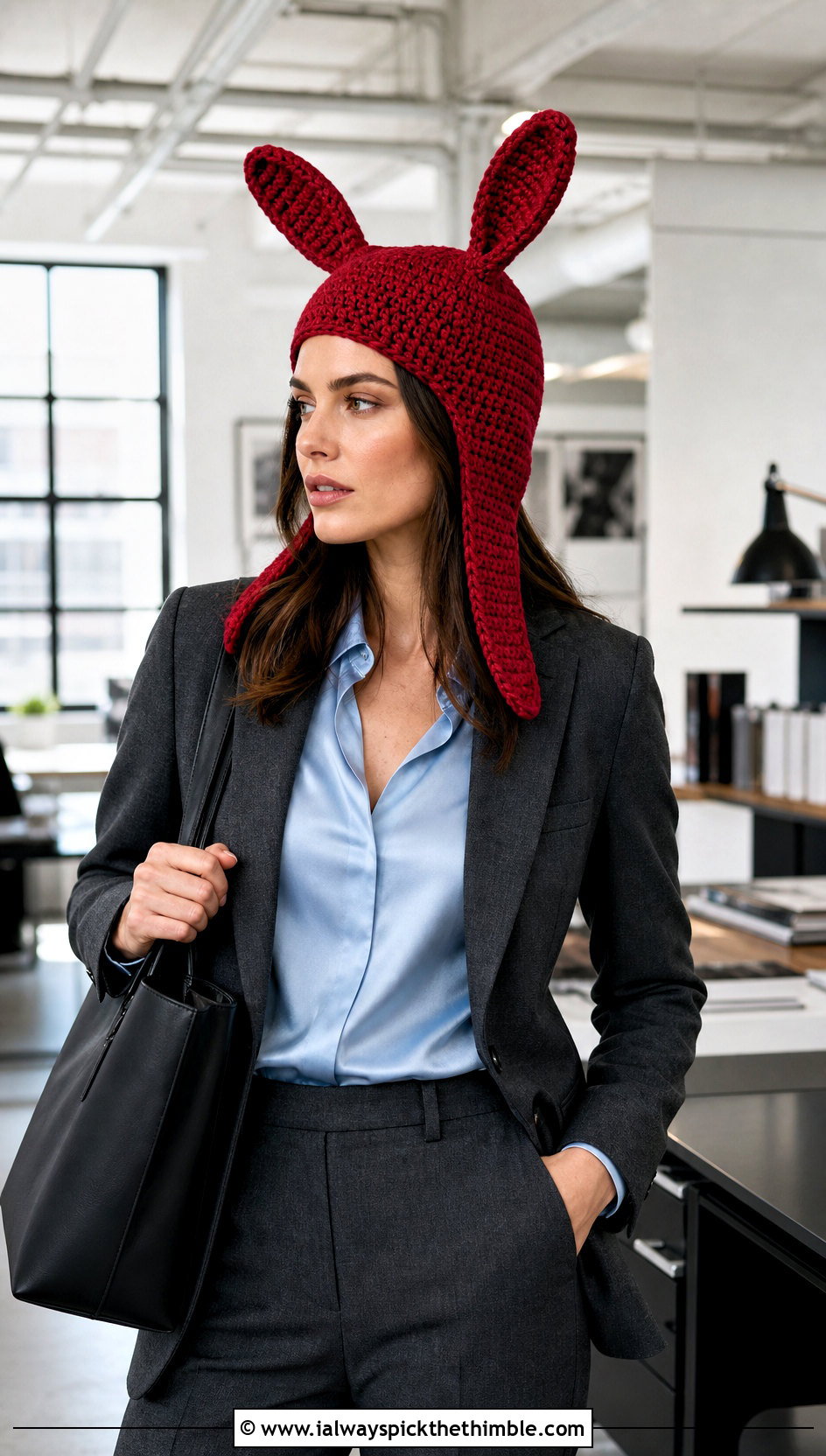 Close Fit Rabbit Ear Cap With Blouse And Tailored Pants - 15 Sincerity Is Scary Crochet Hat outfit ideas