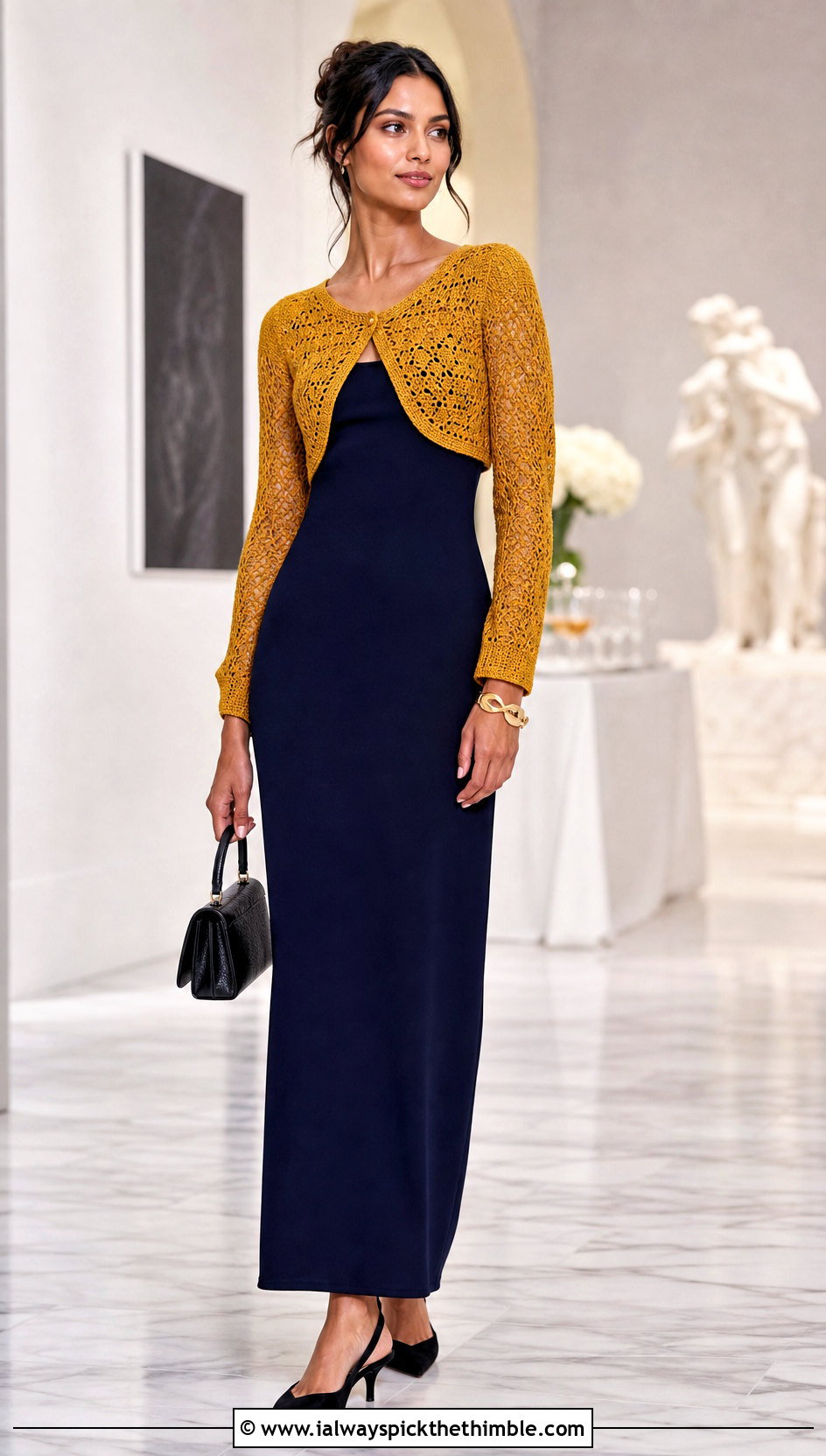 Close Fit Y2K Crochet Bolero With Column Dress - 15 Y2K Crochet Shrug outfit ideas