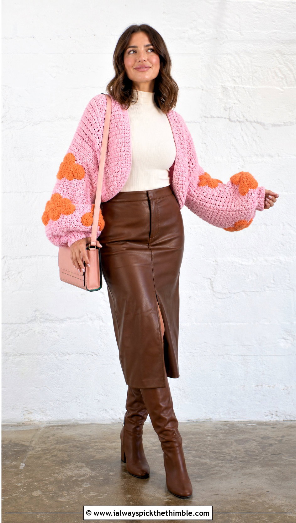 Cloud Sleeve Cardigan With a Leather Midi Skirt - 25 crochet cloud cardigan outfit ideas