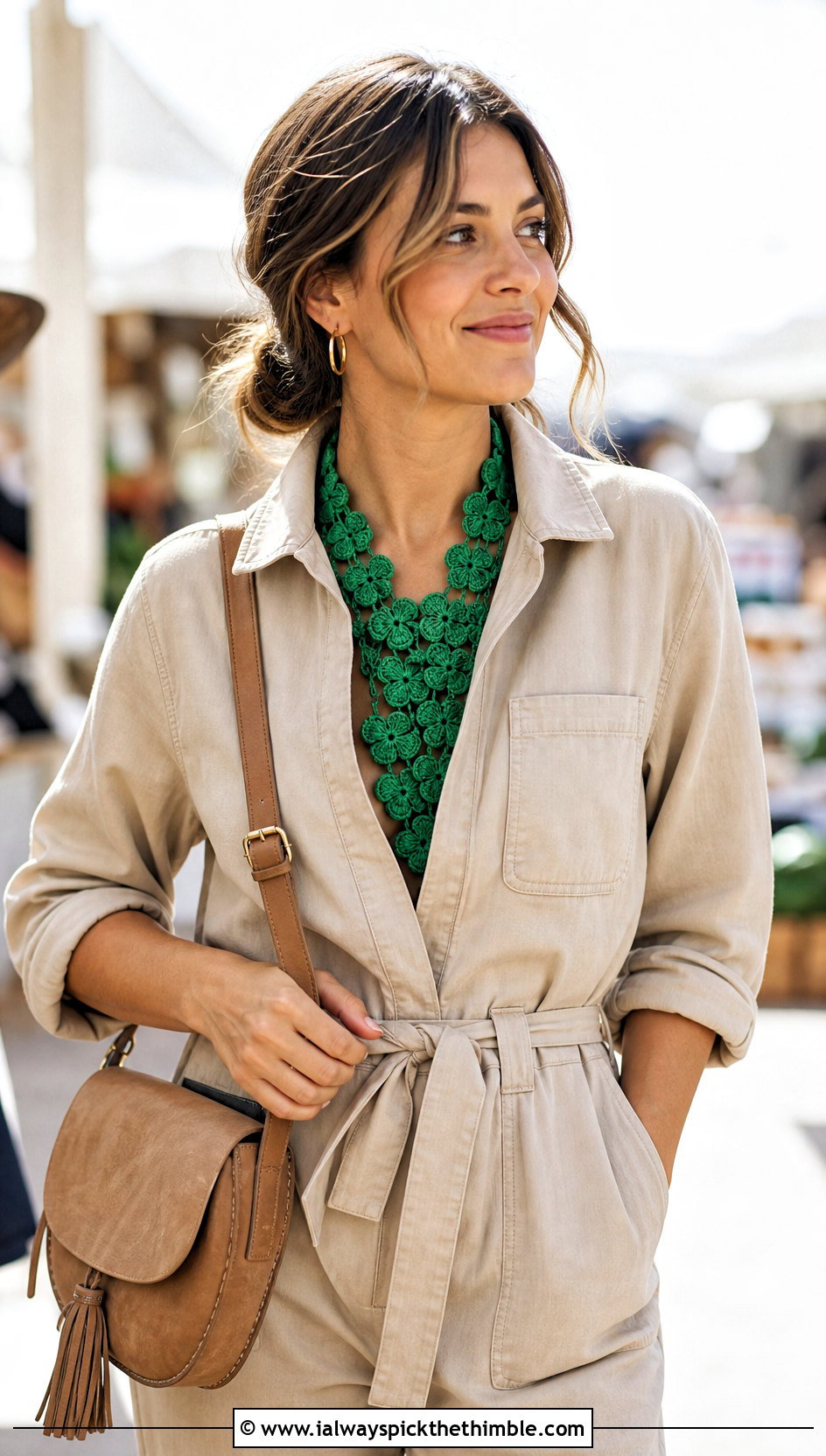 Clover Leaf Scarf With Utility Jumpsuit - 20 crochet leaf scarf outfit ideas