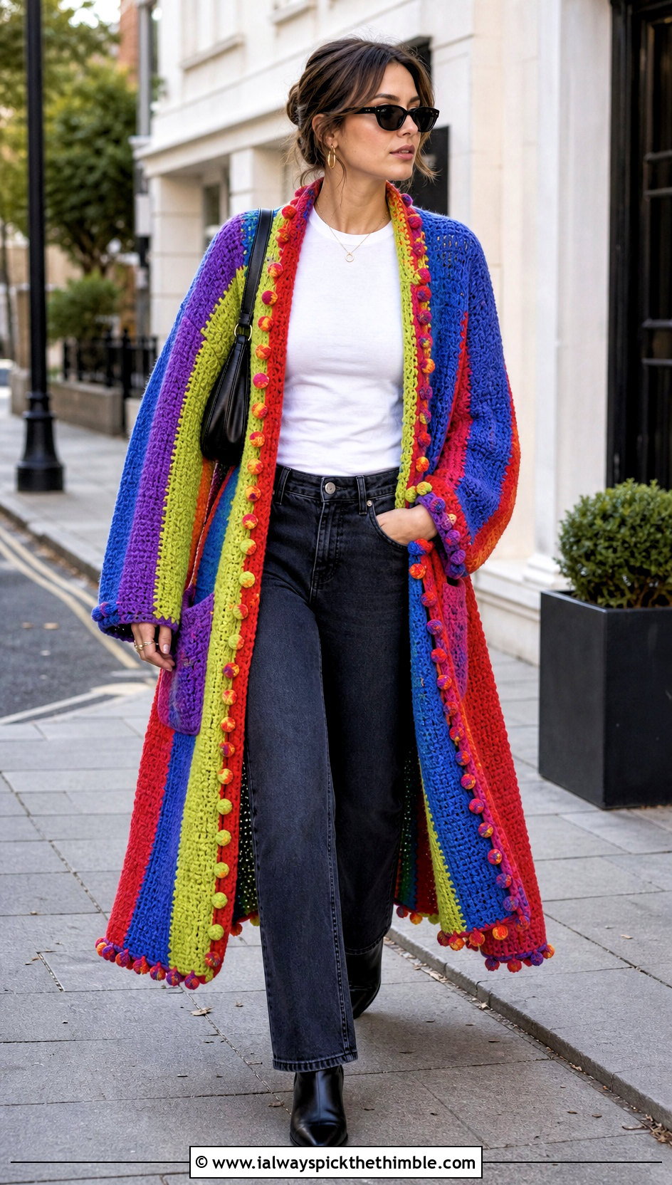 Clown Stripe Crochet Duster With Dark Jeans - 20 Funny Crochet Clothes and outfit ideas