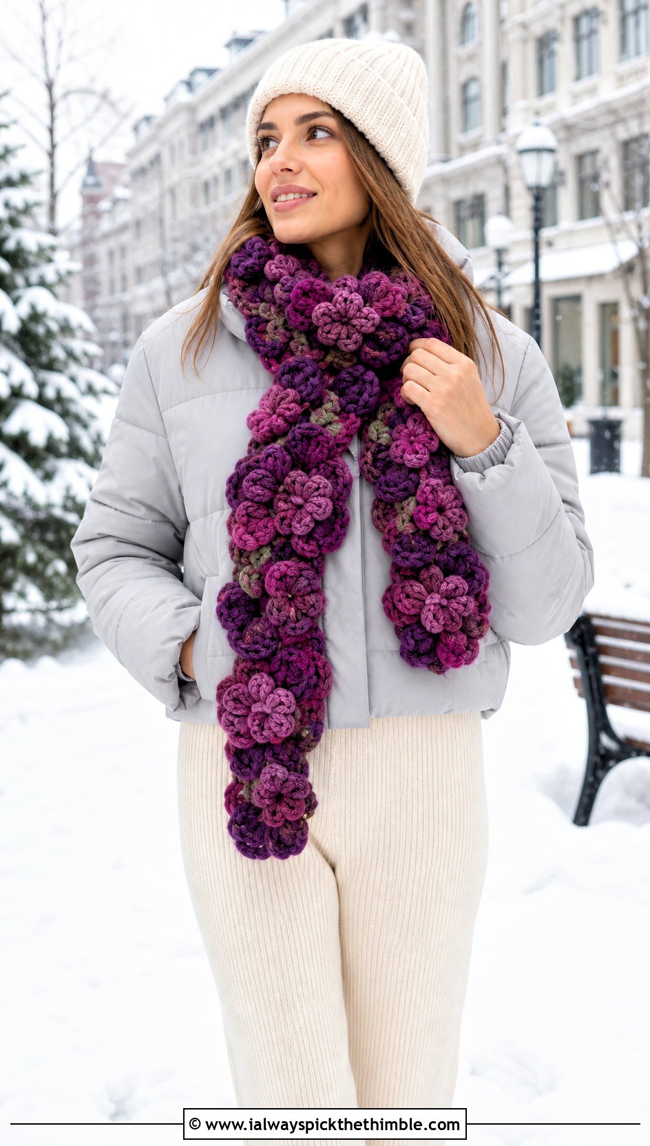 Cluster Flower Crochet Scarf With Puffer Jacket And Knit Pants - 20 crochet scarf with flowers outfit ideas