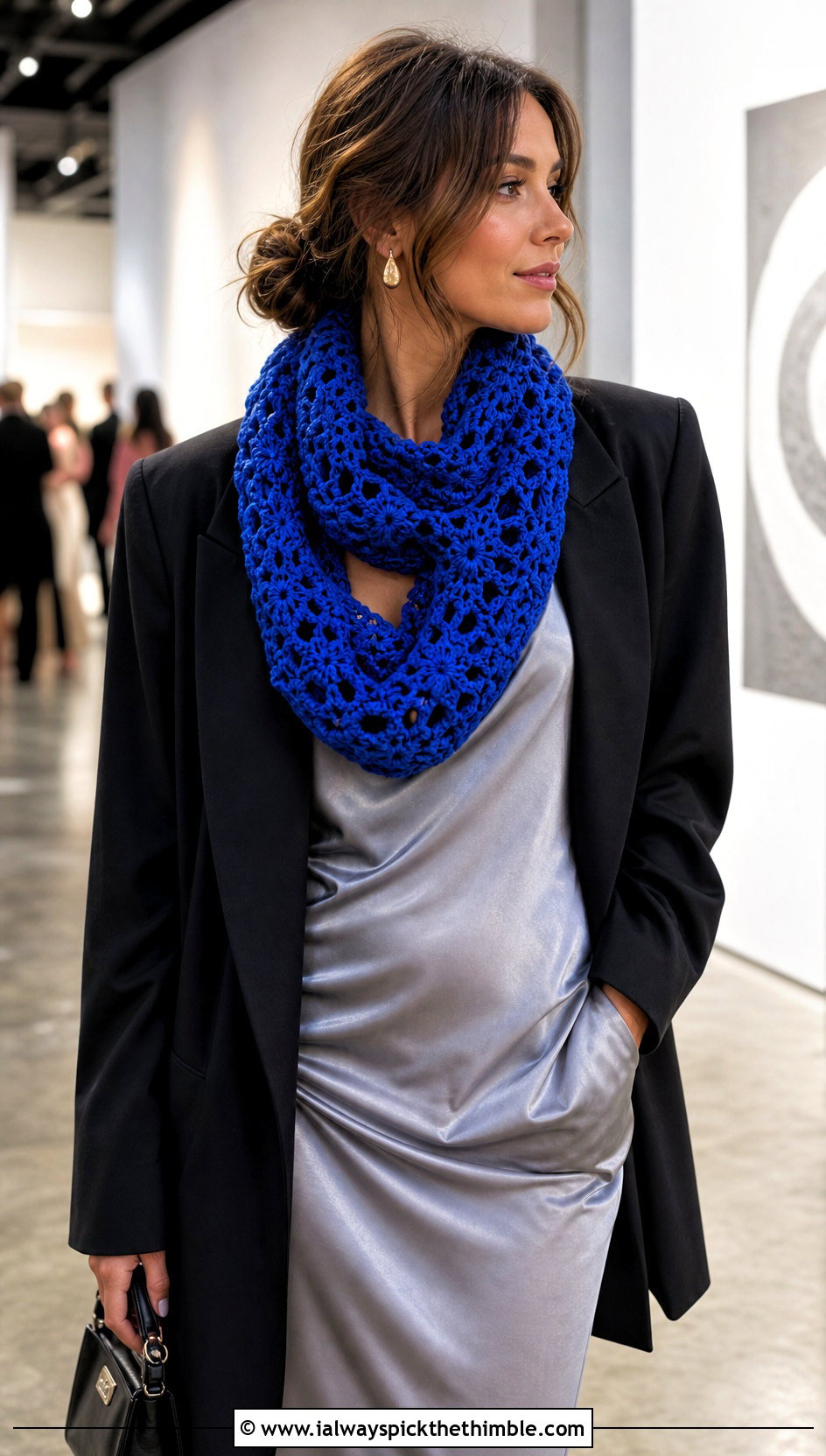 Cluster Lace Infinity Scarf With Slip Dress And Blazer - 20 Lacy Crochet Infinity Scarf outfit ideas