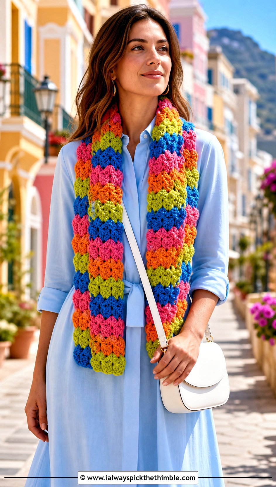 Cluster Shell Stitch Scarf With Shirt Dress And Sneakers - 20 Shell Crochet Scarf outfit ideas