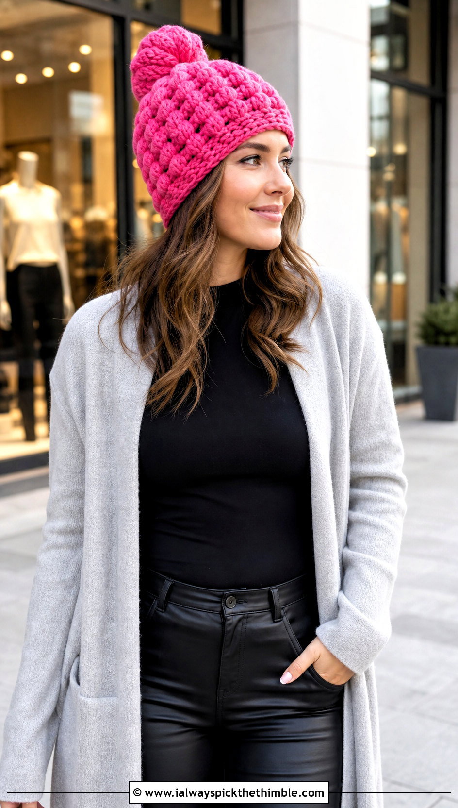 Cluster Stitch Bun Crochet Beanie With Cardigan And Leather Pants - 20 Bun Crochet Beanie outfit ideas