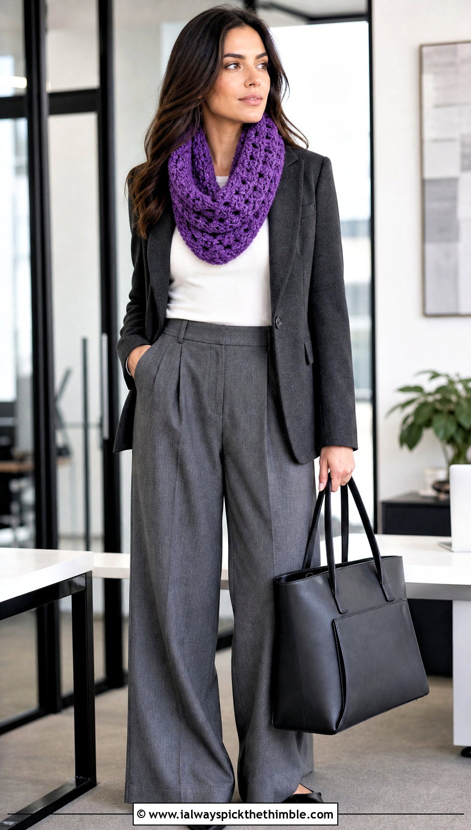 Cluster Stitch Chunky Crochet Infinity Scarf With Blazer - 20 Chunky Crochet Infinity Scarf outfit ideas