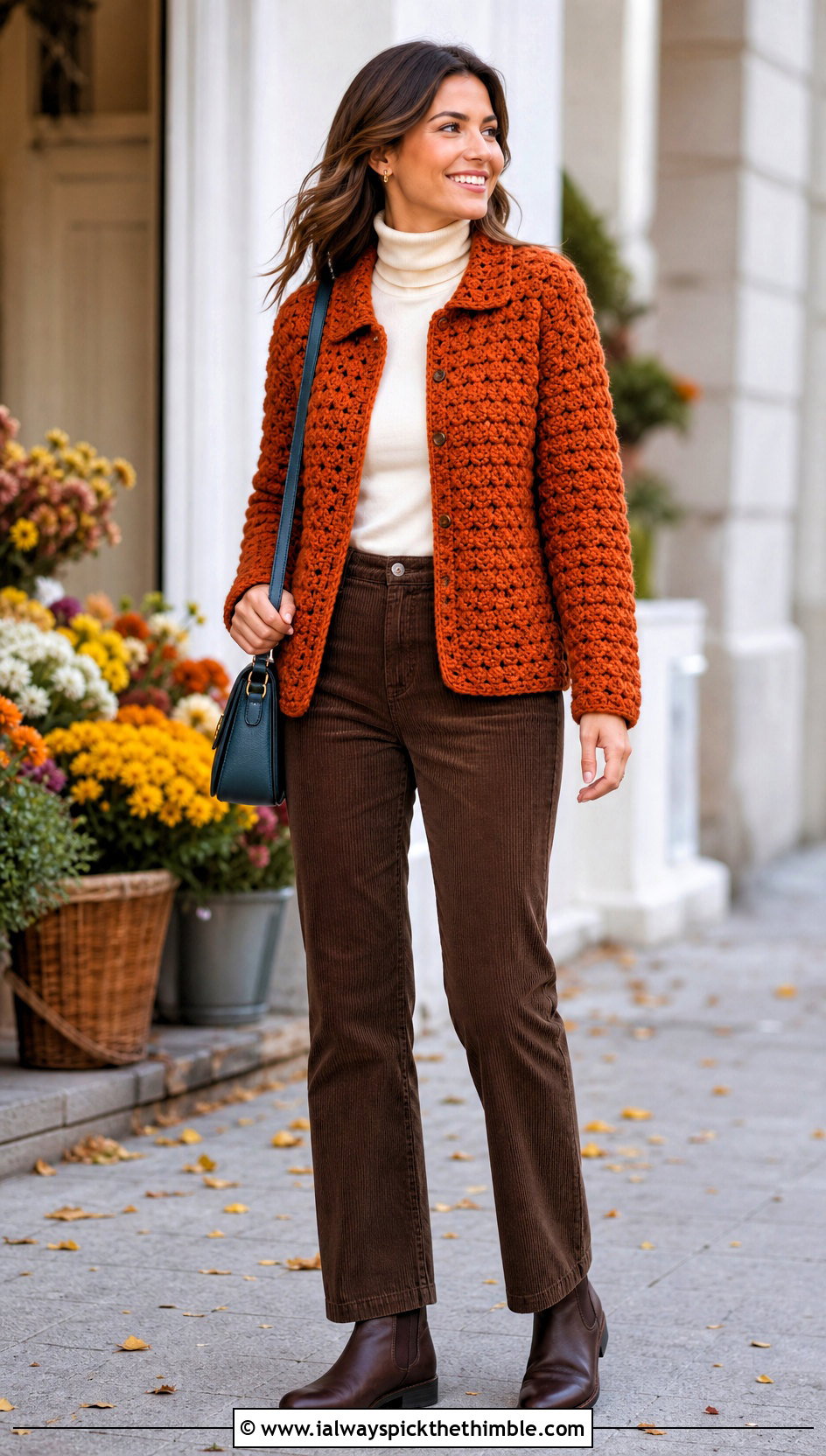 Cluster Stitch Crochet Bed Jacket With Corduroy Pants - 20 Crochet Bed Jackets outfit ideas