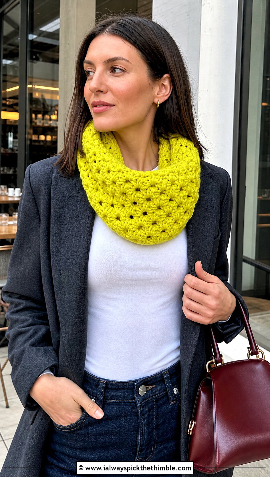 Cluster Stitch Crochet Cowl With Blazer And Jeans - 25 easy one skein crochet scarf outfit ideas