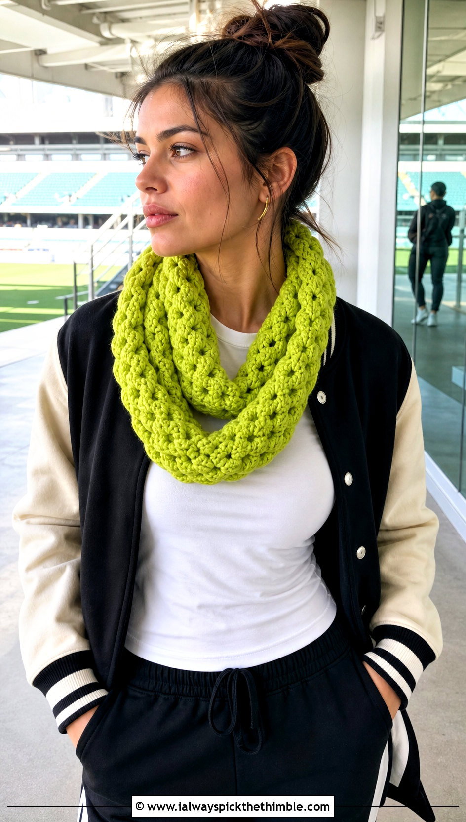 Cluster Stitch Crochet Infinity Scarf With Varsity Jacket - 25 crochet infinity scarf outfit ideas