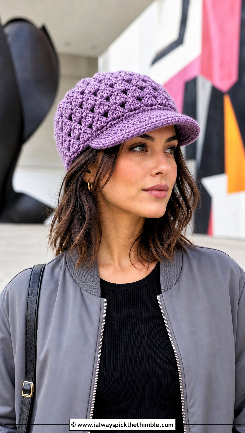 Cluster Stitch Crochet Newsboy Hat With Bomber Jacket And Midi Dress - 25 crochet newsboy hat outfit ideas