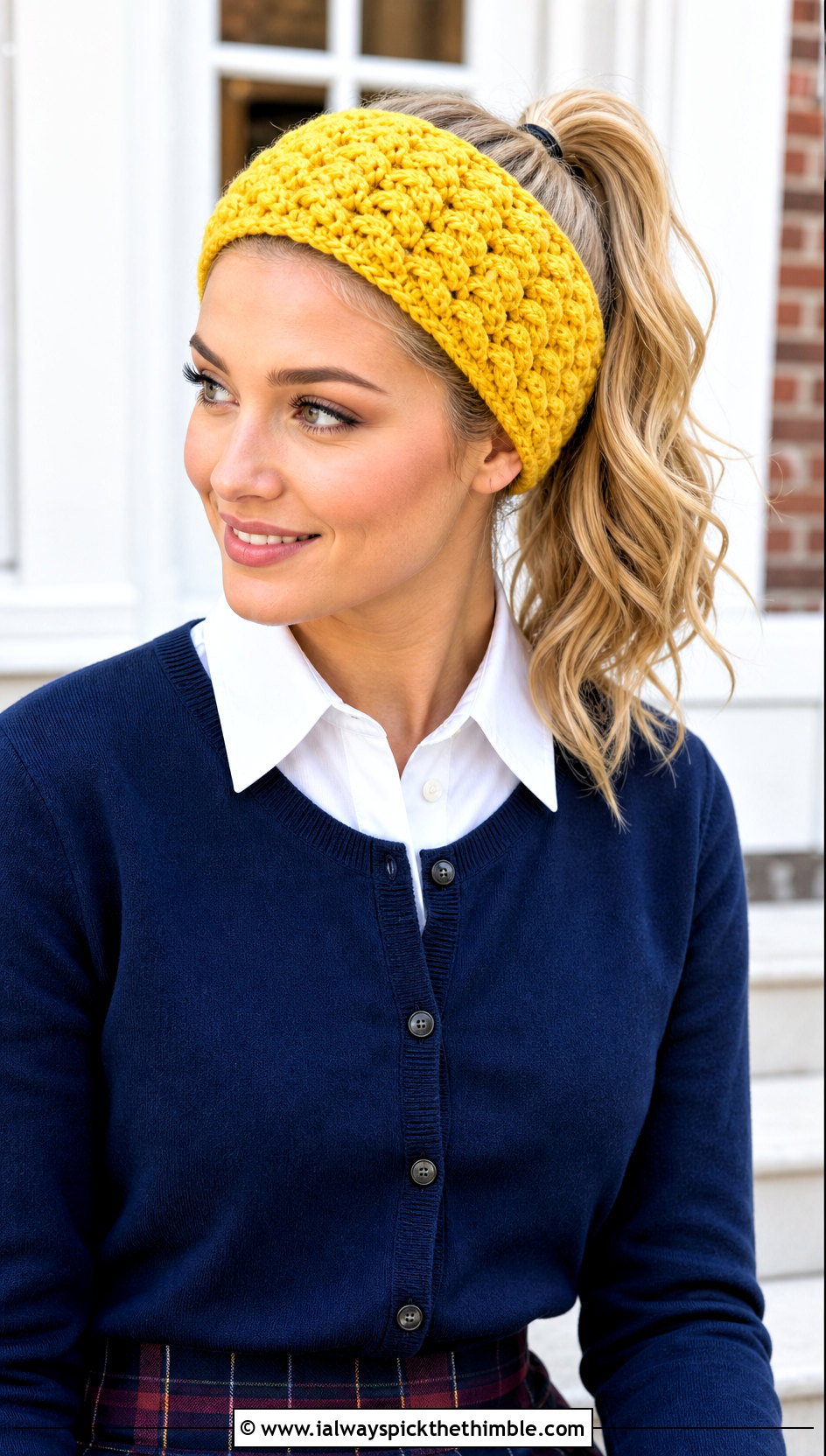 Cluster Stitch Crochet Ponytail Headband With Plaid Skirt - 20 Crochet Ponytail Headband outfit ideas