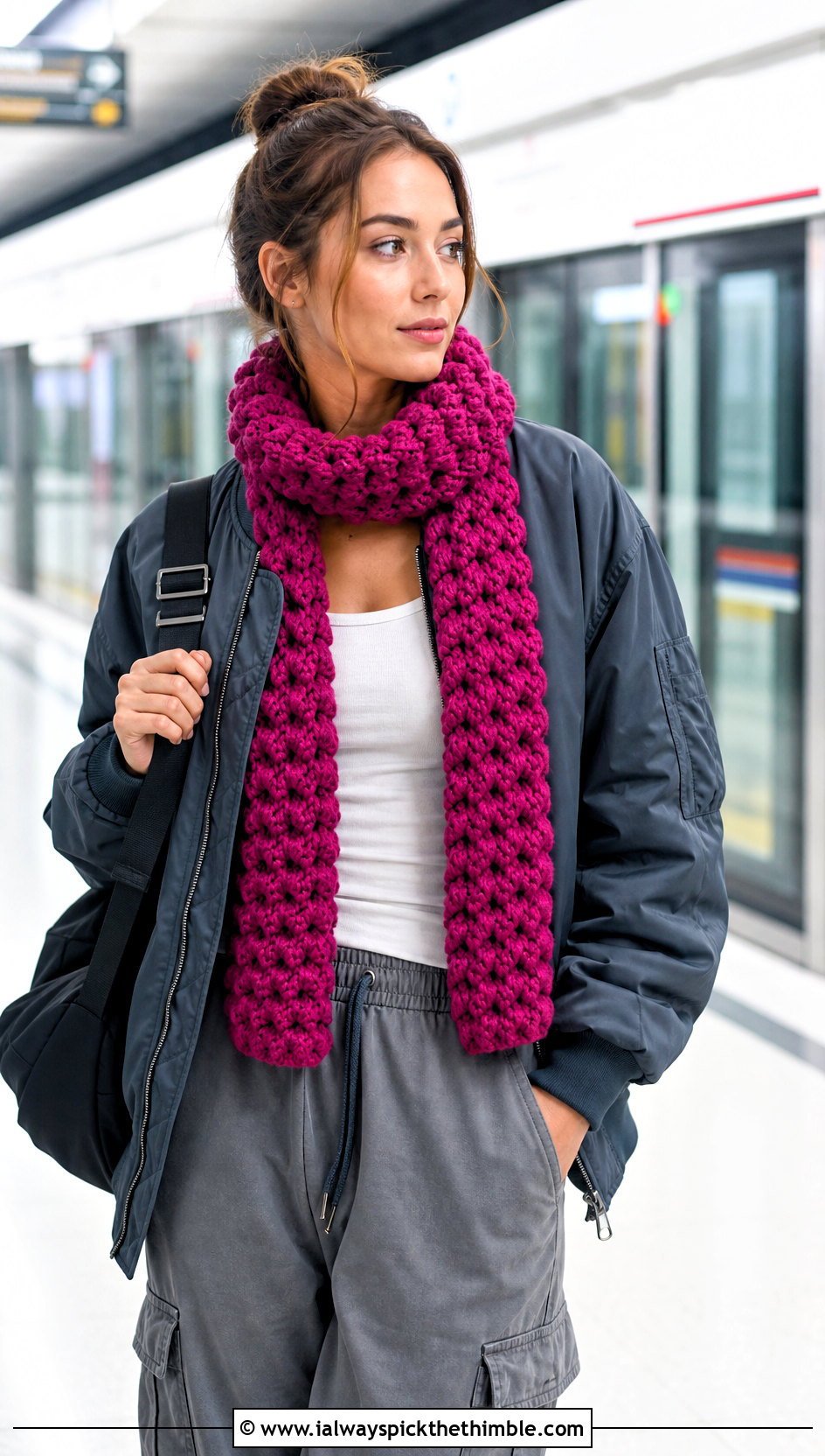 Cluster Stitch Crochet Scarf With Bomber Jacket - 25 crochet neck scarf outfit ideas