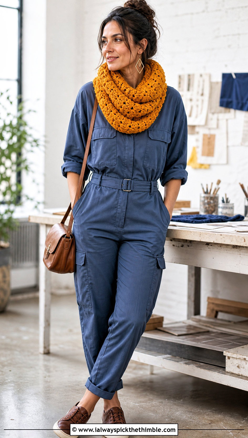 Cluster Stitch Crochet Tube Scarf With Jumpsuit - 20 Crochet Tube Scarf outfit ideas