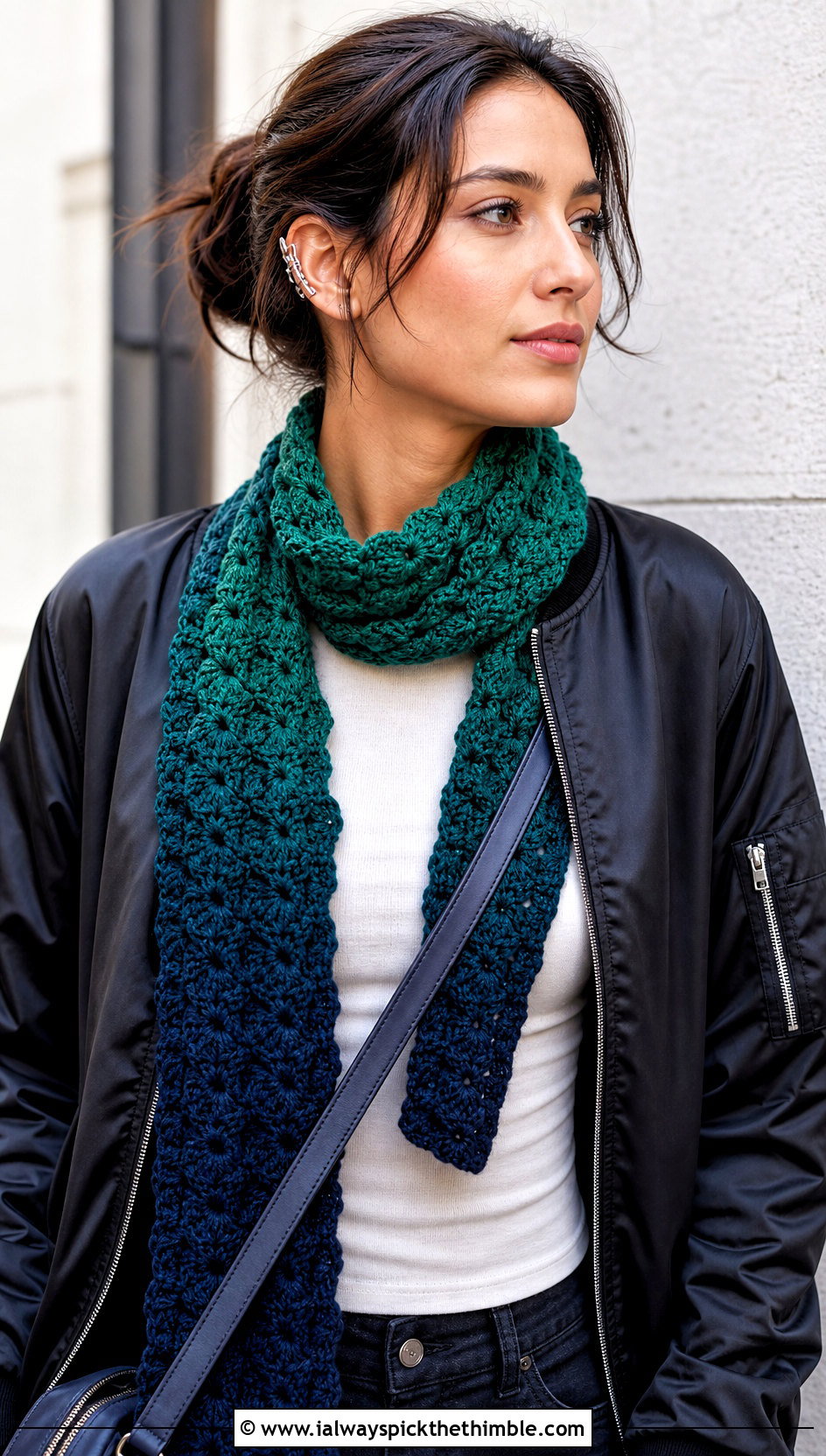 Cluster Stitch Gradient Crochet Scarf With Bomber Jacket - 20 gradient crochet scarf outfit ideas