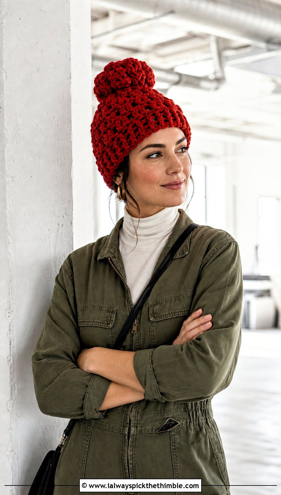 Cluster Stitch Messy Bun Crochet Hat With Utility Jumpsuit - 25 crochet messy bun hat outfit ideas