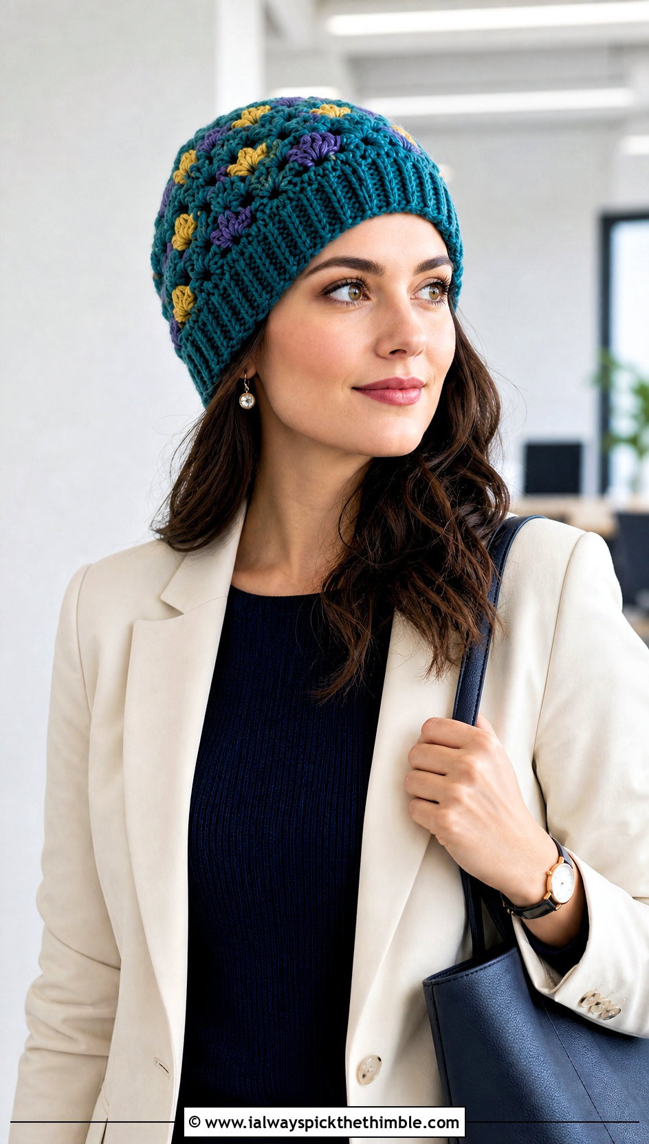 Cluster Stitch Scrap Yarn Crochet Beanie With Blazer - 20 scrap yarn crochet beanie outfit ideas