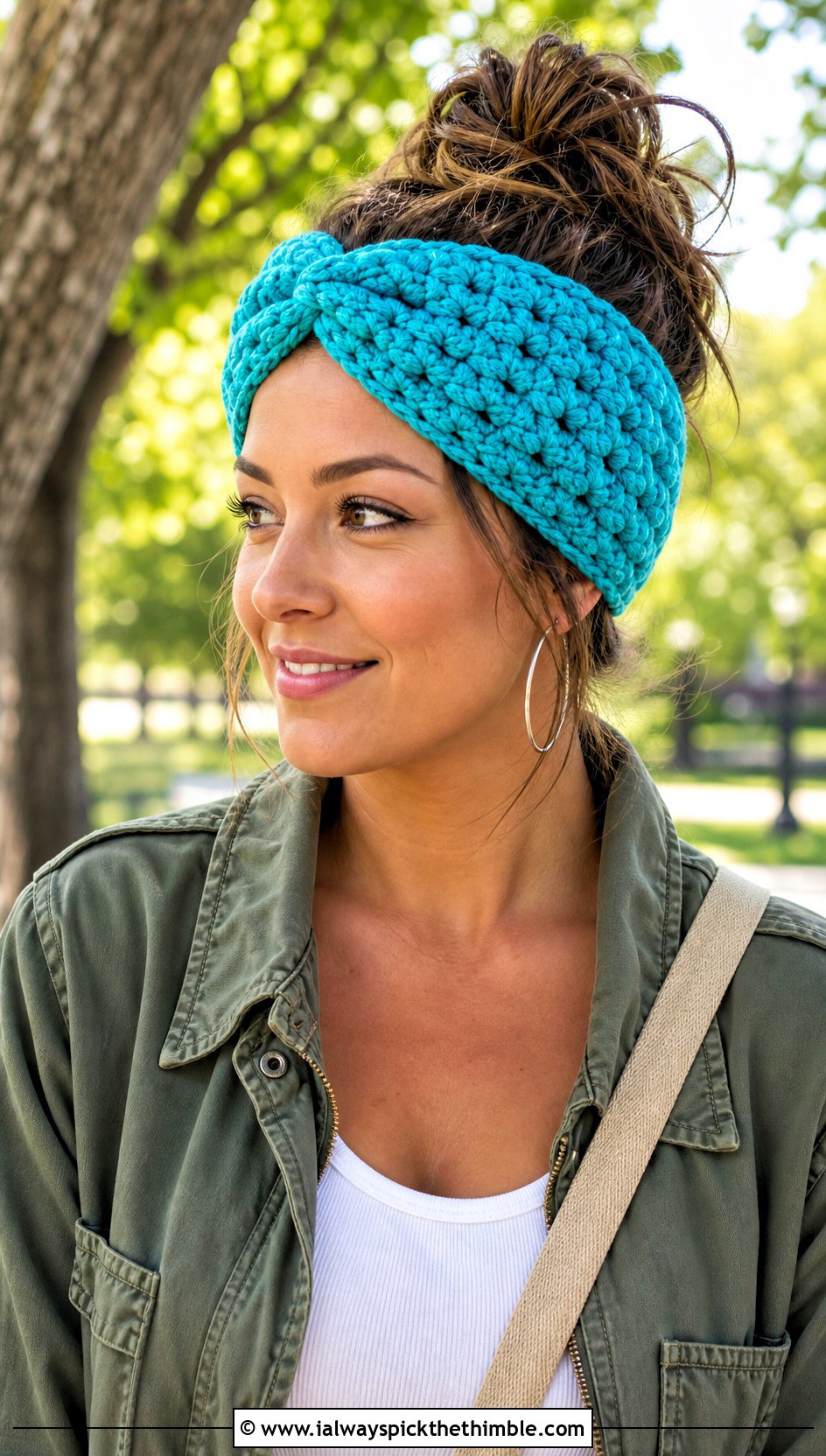 Cluster Stitch Twisted Knot Crochet Headband With Utility Jacket - 15 Twisted Knot Crochet Headband outfit ideas