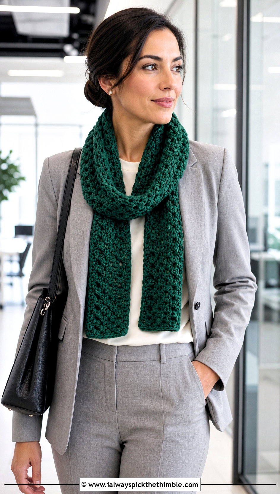Cluster V Stitch Scarf With Tailored Suit - 20 crochet v stitch scarf outfit ideas