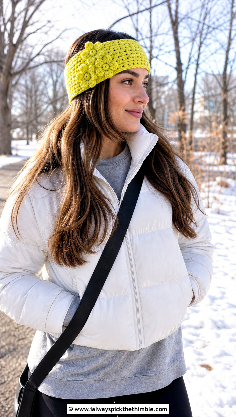Clustered Daisy Crochet Headband With Puffer Jacket And Leggings - 20 Crochet Daisy Headband outfit ideas