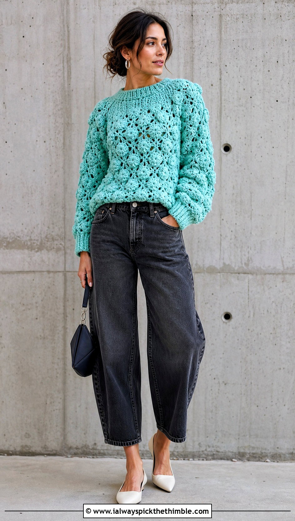 Clustered Shell Stitch Crochet Sweater With Barrel Jeans - 20 Shell Stitch Crochet Sweater outfit ideas