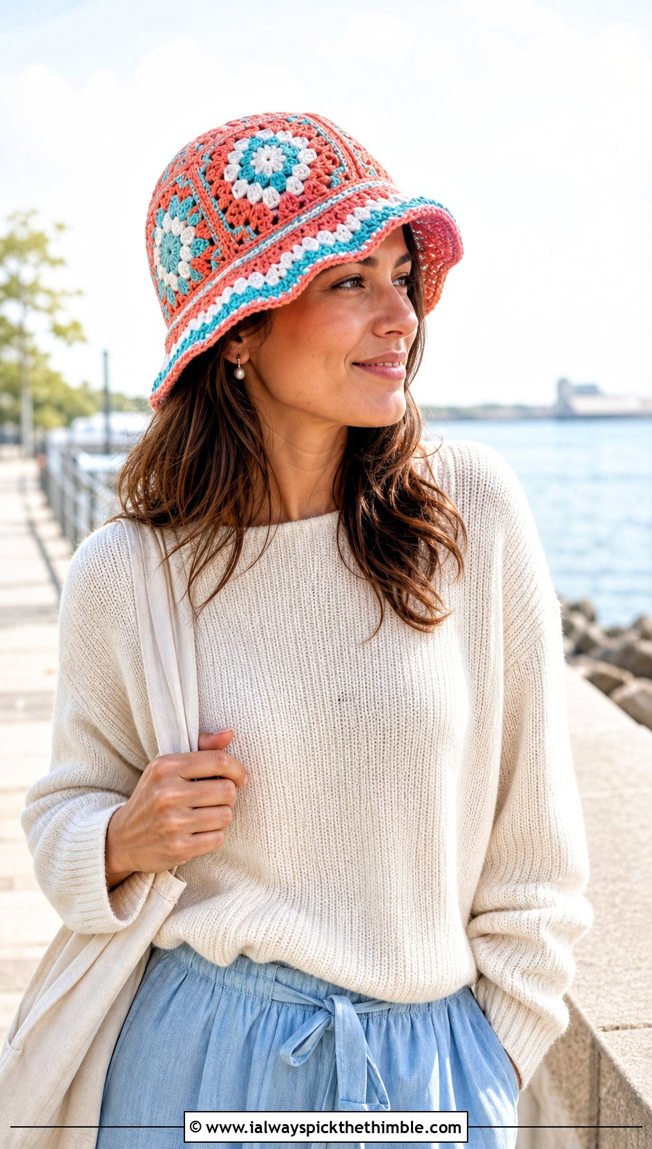 Coastal Granny Square Bucket Hat With Sweater And Linen Pants - 25 Granny Square Bucket Hat outfit ideas
