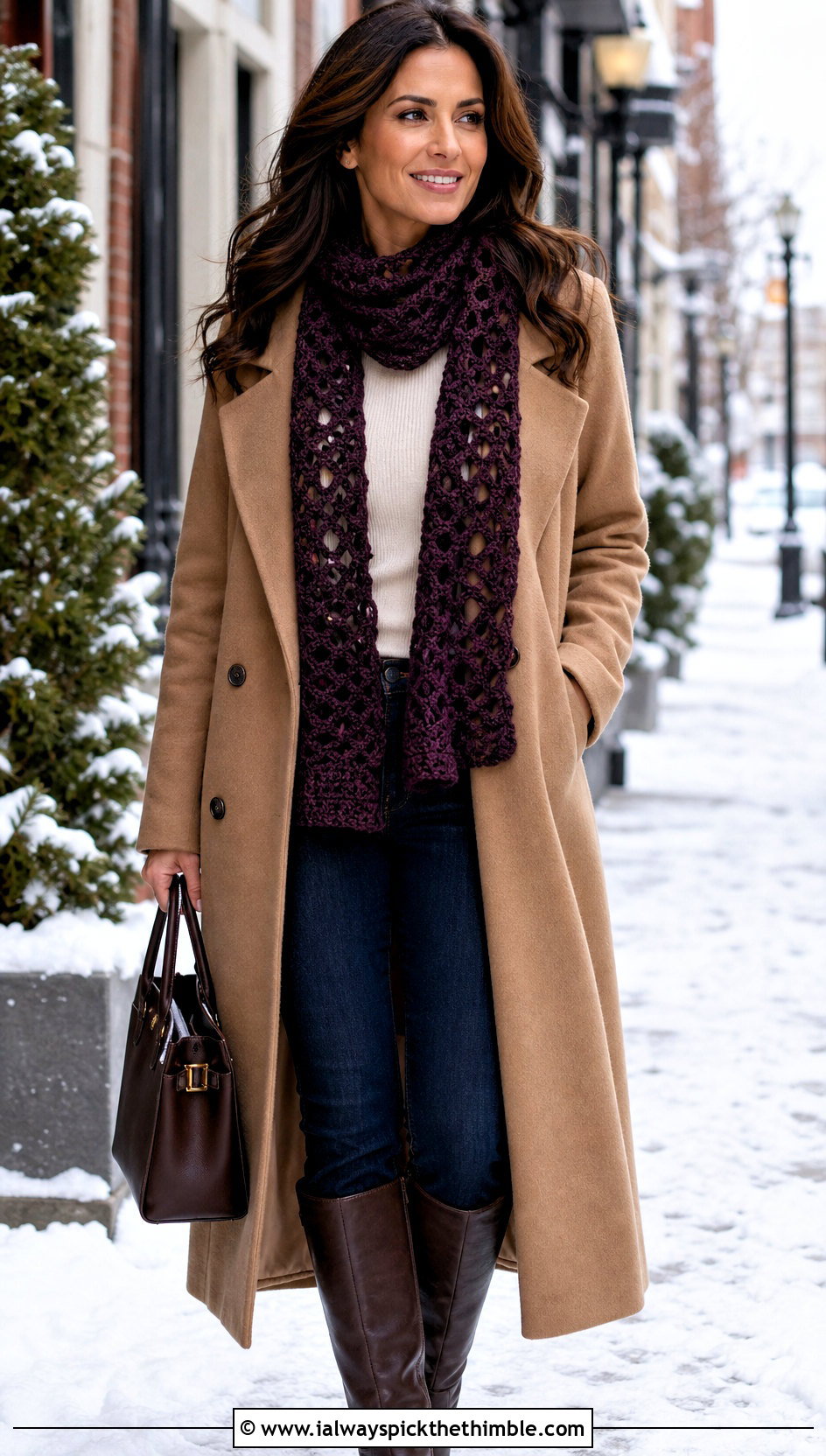 Coat Layered Snowfall Crochet Sweater Scarf With Tall Boots - 15 Snowfall Crochet Sweater Scarf outfit ideas