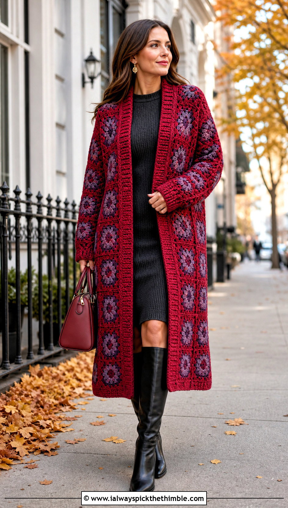 Coat Length Big Granny Square Cardigan With Sweater Dress - 25 Big Granny Square Cardigan outfit ideas