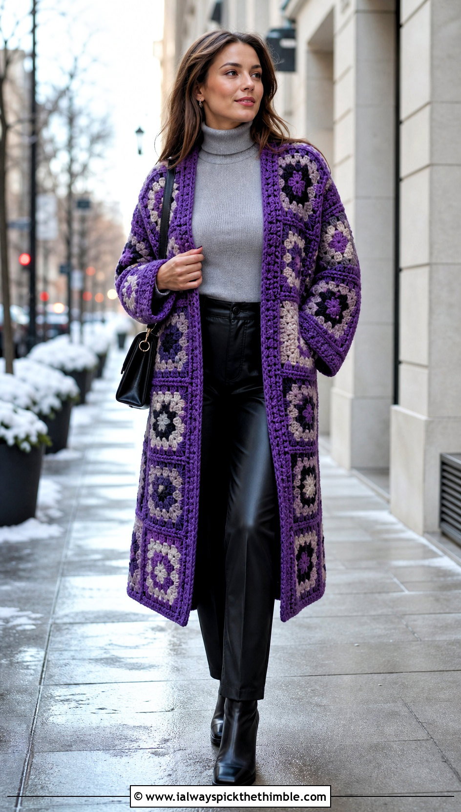 Coat Length Giant Granny Square Cardigan With Leather Pants - 25 giant granny square cardigan outfit ideas