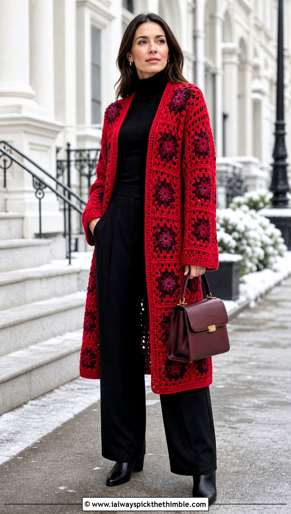 Coat Length Granny Square Cardigan With Wide Leg Pants - 15 Never Off Granny Square Cardigan outfit ideas