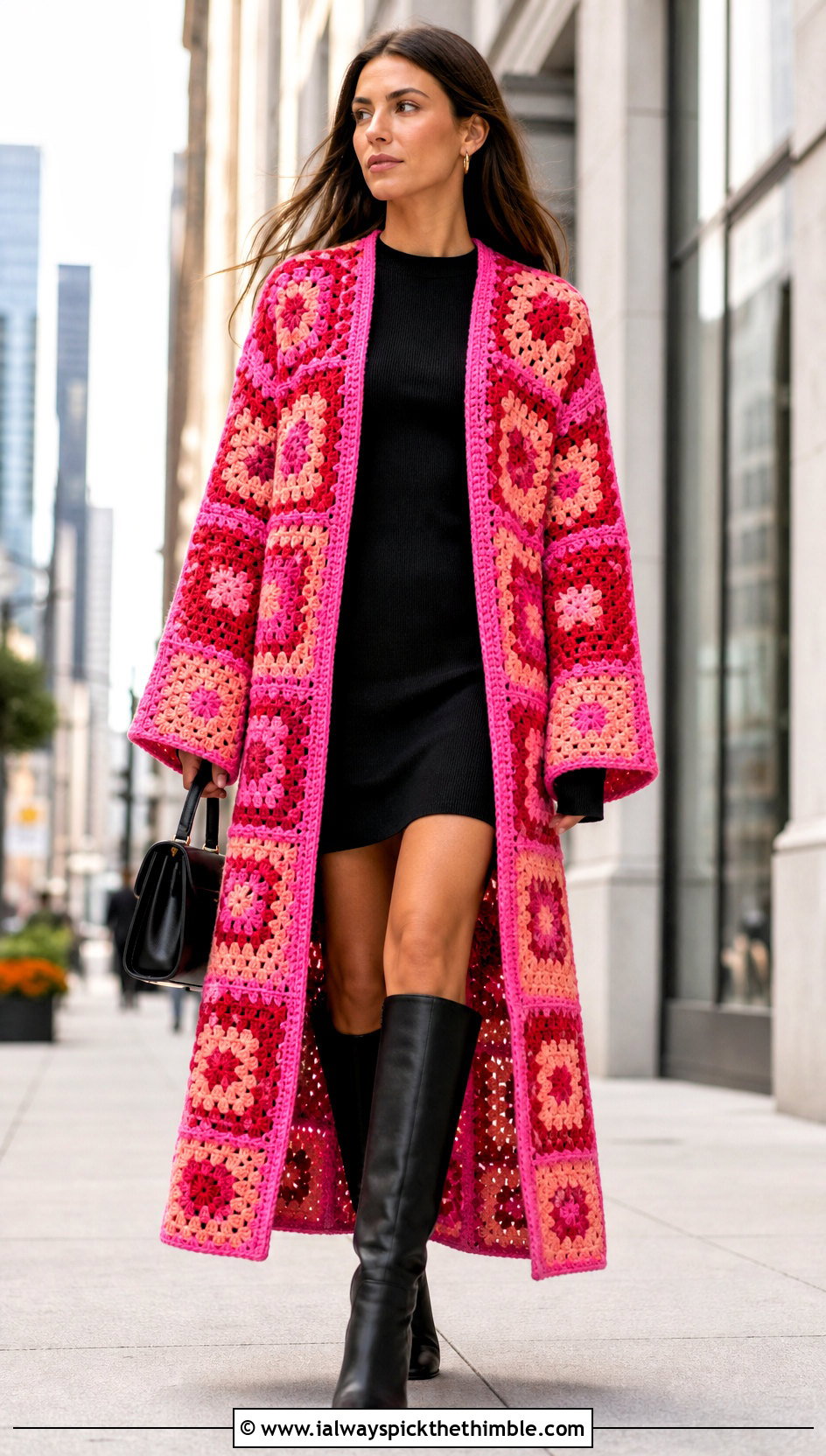Coat Length Granny Square Patchwork Cardigan With Mini Dress - 20 Granny Square Patchwork Cardigan outfit ideas