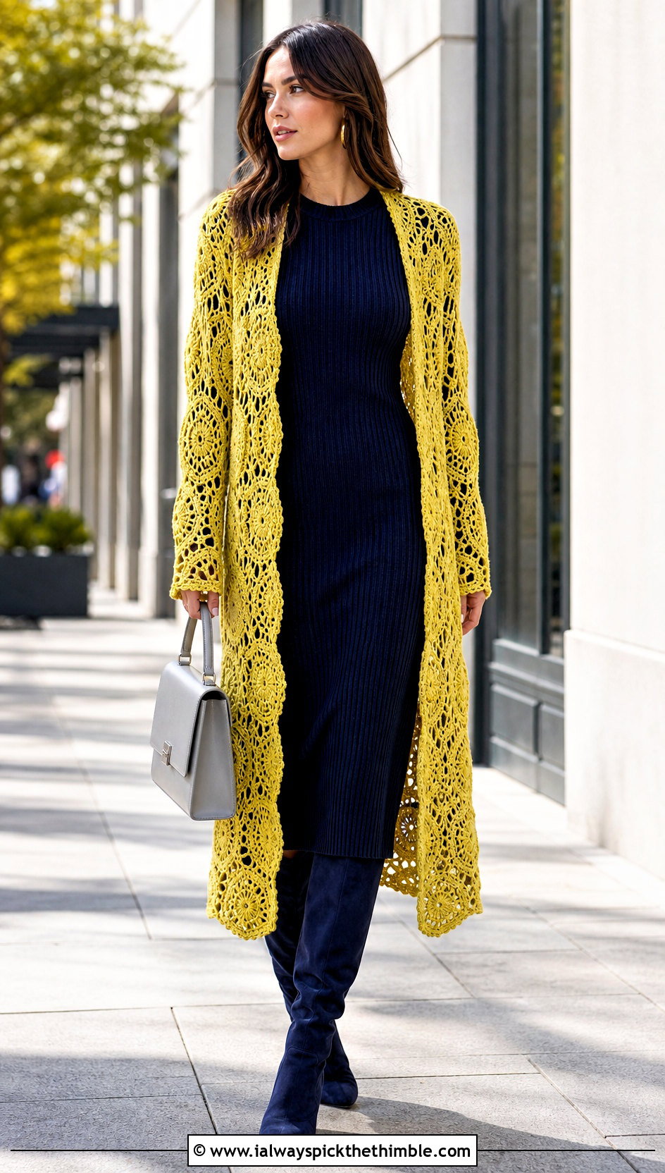 Coat Length Hexagon Granny Square Cardigan With Knit Dress - 25 hexagon granny square cardigan outfit ideas