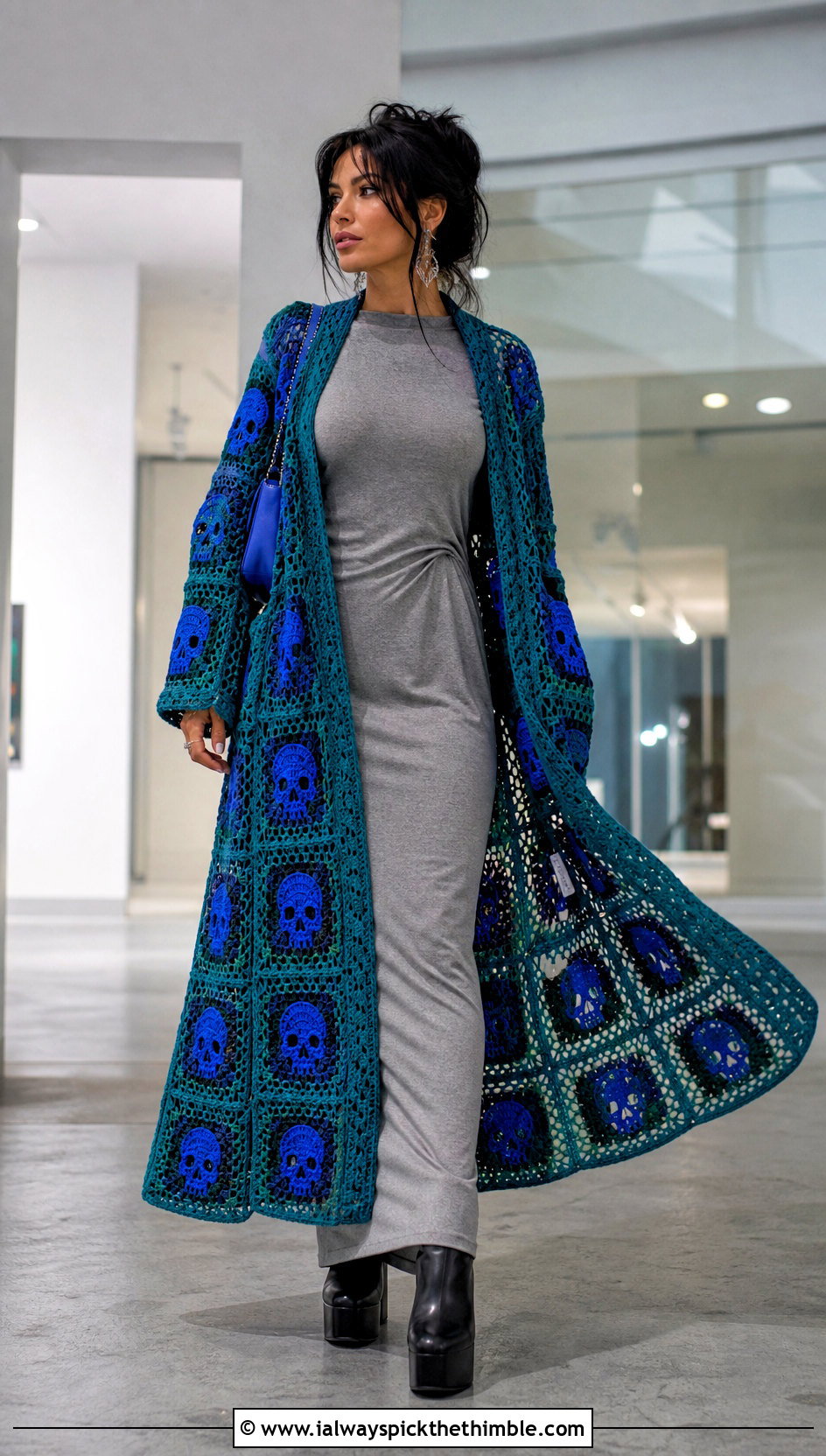 Coat Length Skull Granny Square Cardigan With Column Dress - 20 skull granny square cardigan outfit ideas