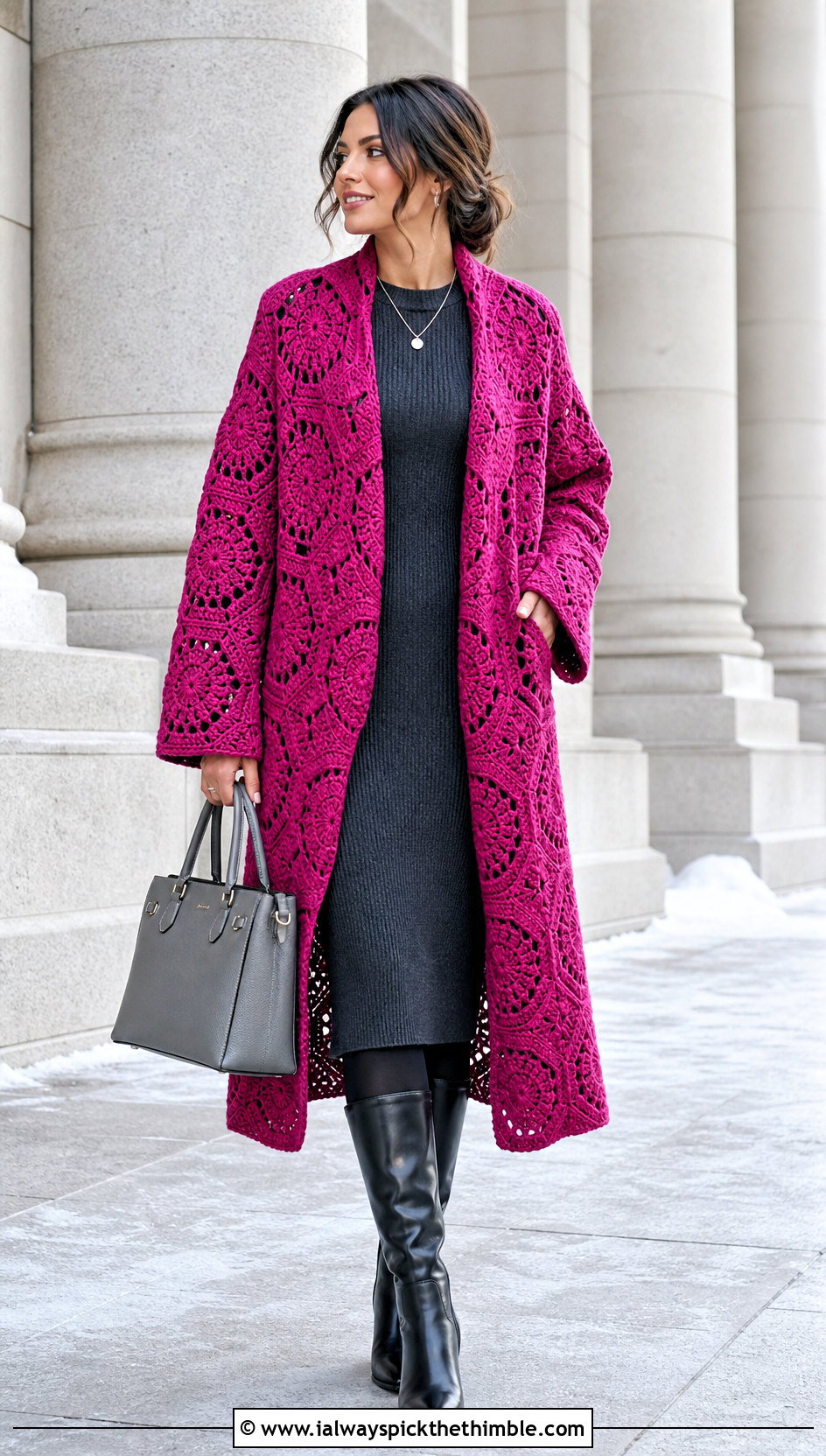 Coat Length Solid Hexagon Cardigan With Knit Dress - 20 crochet solid hexagon cardigan outfit ideas