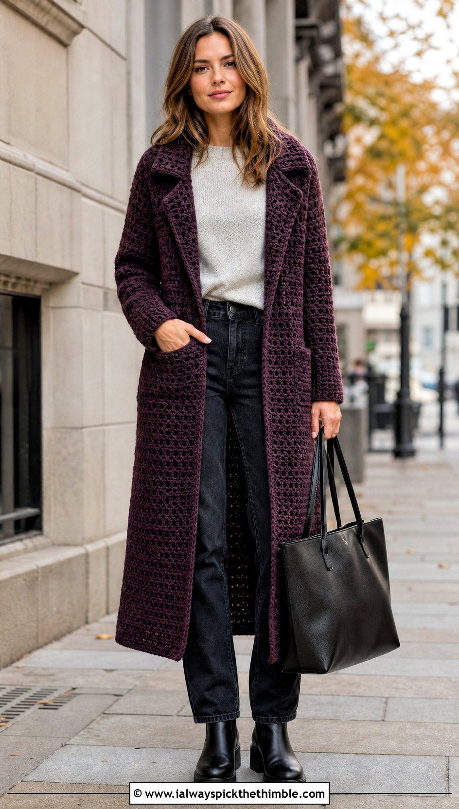 Coat Style Crochet Duster With Sweater And Dark Jeans - 20 Easy Crochet Duster outfit ideas