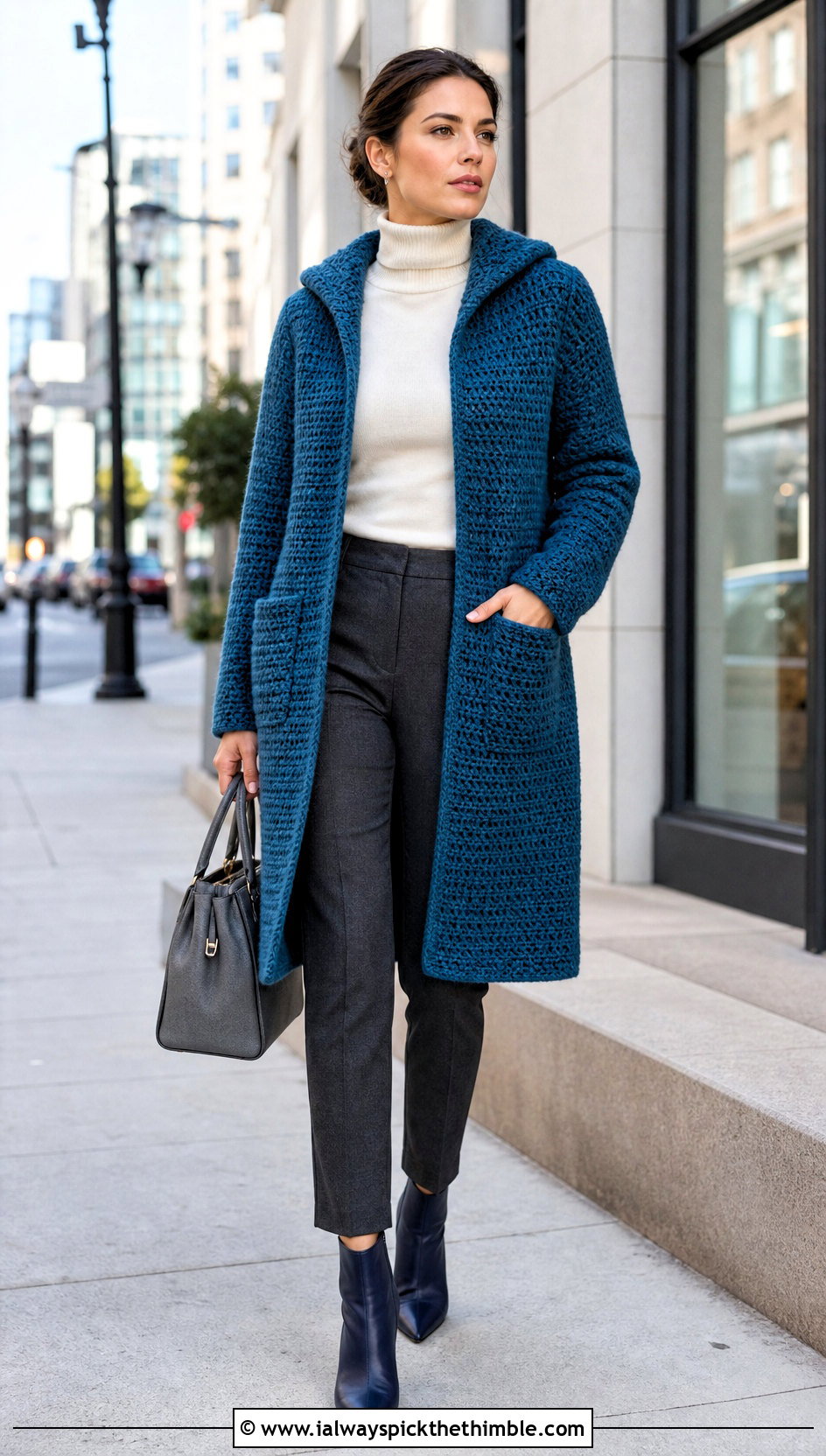 Coat Style Crochet Hooded Cardigan With Cigarette Pants - 25 crochet hooded cardigan outfit ideas