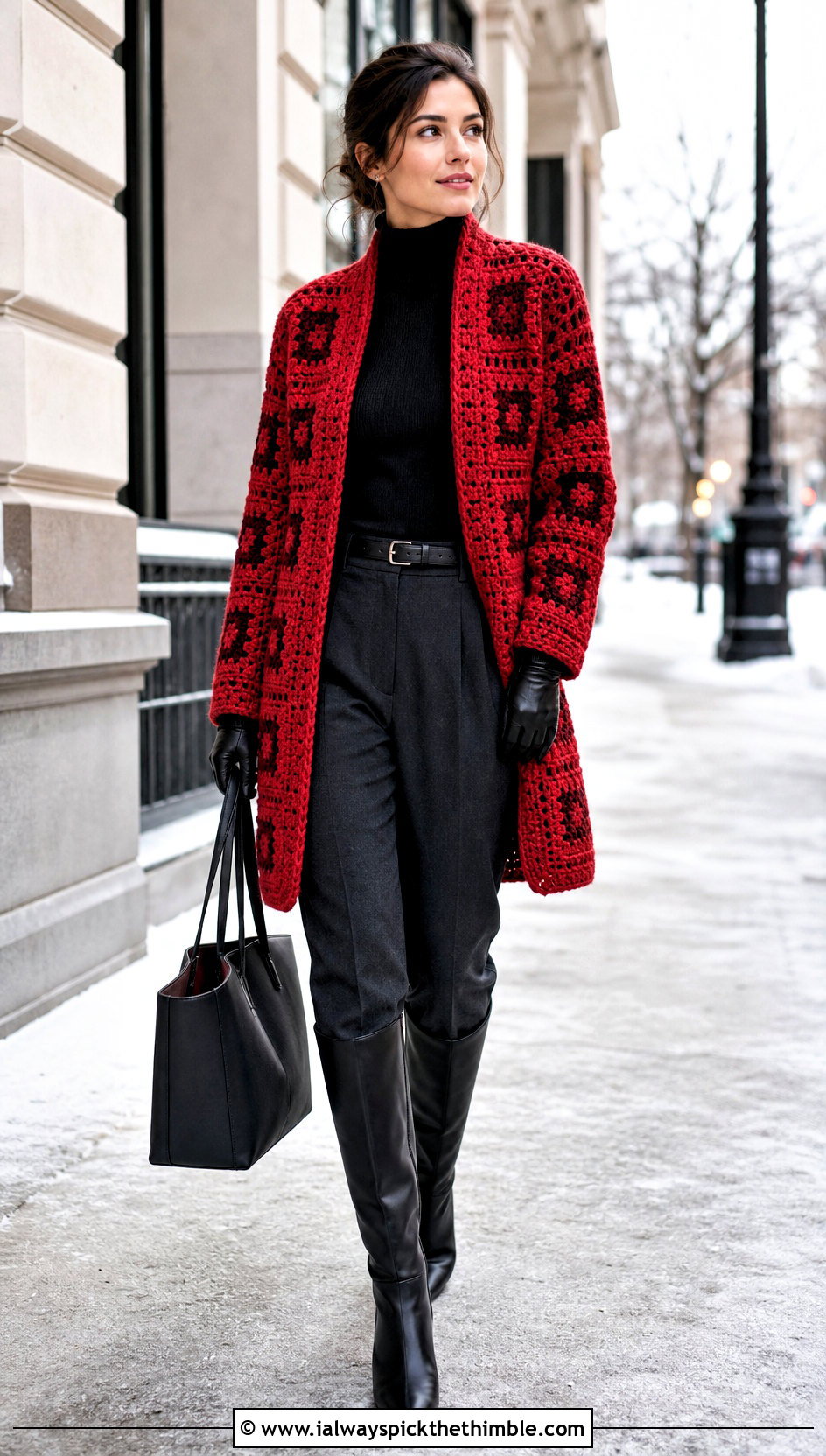 Coat Style Granny Cardigan With Turtleneck And Trousers - 25 crochet granny cardigan outfit ideas