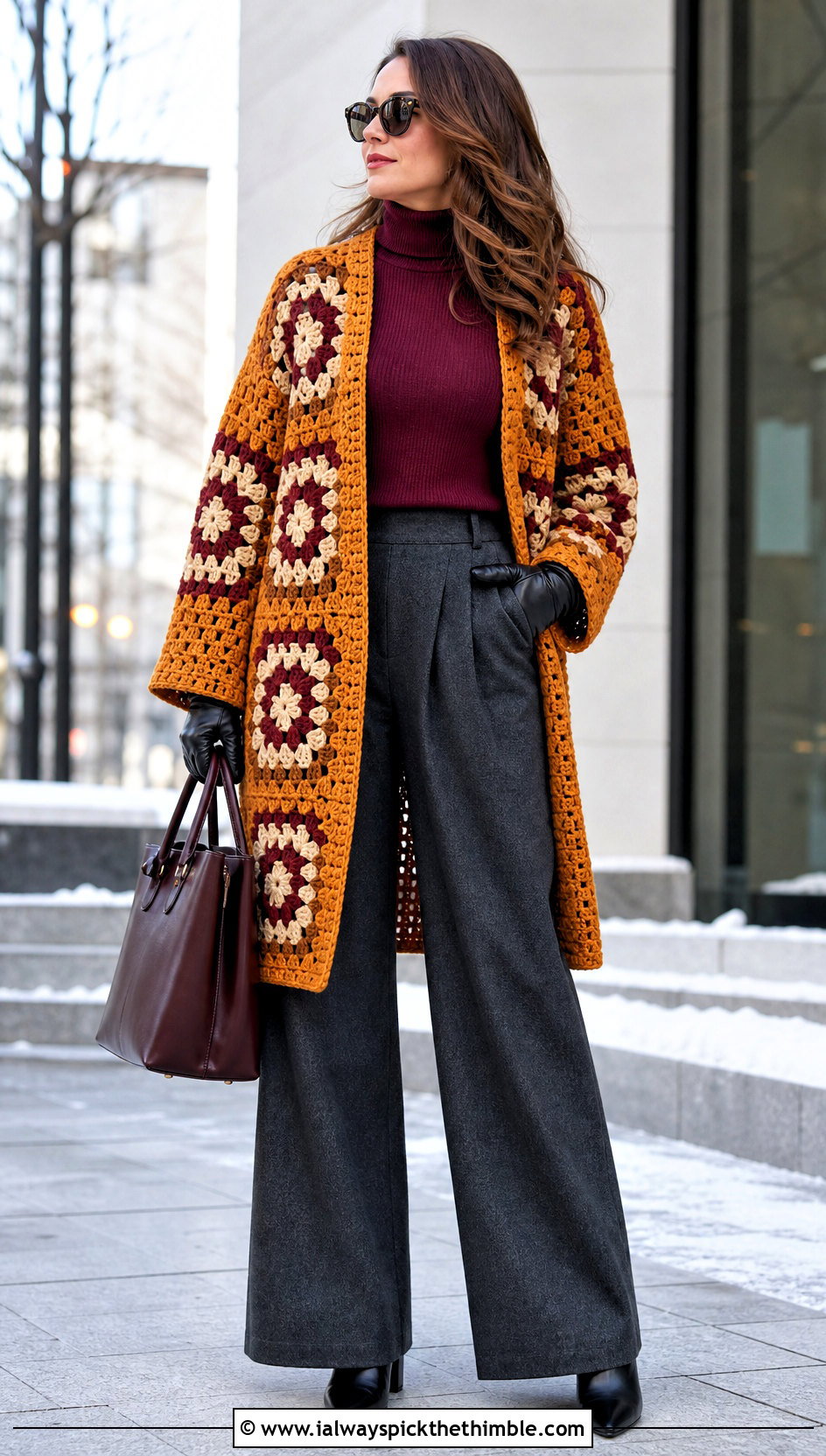Coat Style Granny Crochet Sweater With Turtleneck And Wide Leg Pants - 20 granny crochet sweater outfit ideas