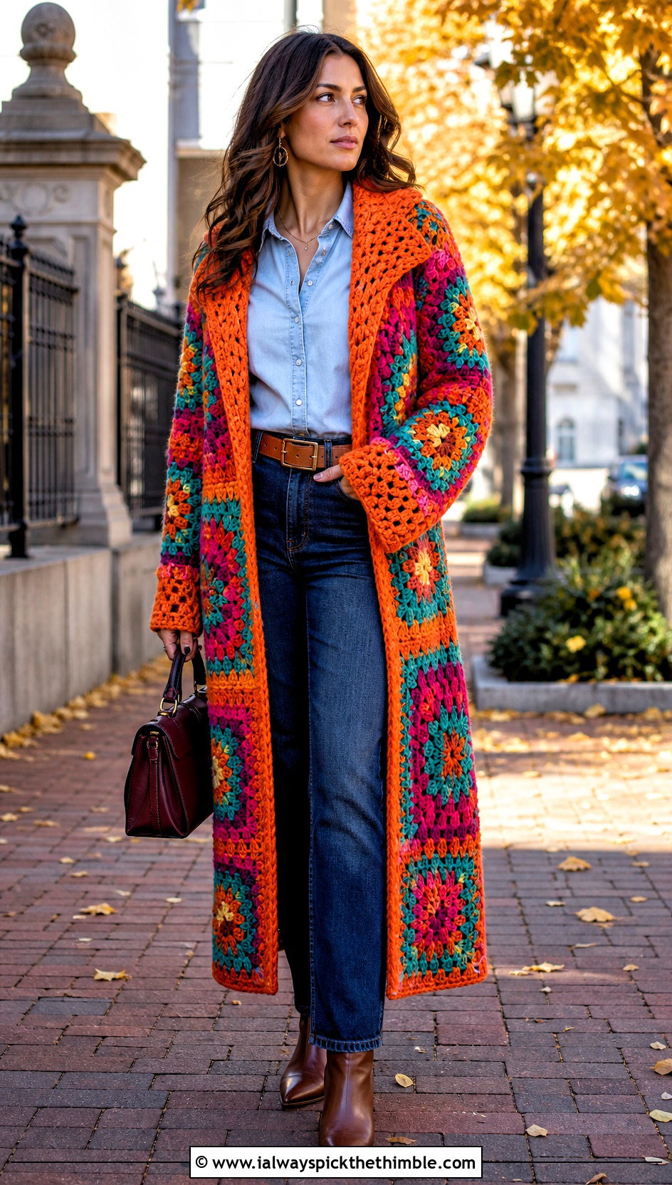 Coat Style Granny Square Cardigan With Double Denim - 20 Oversized Granny Square Cardigan outfit ideas
