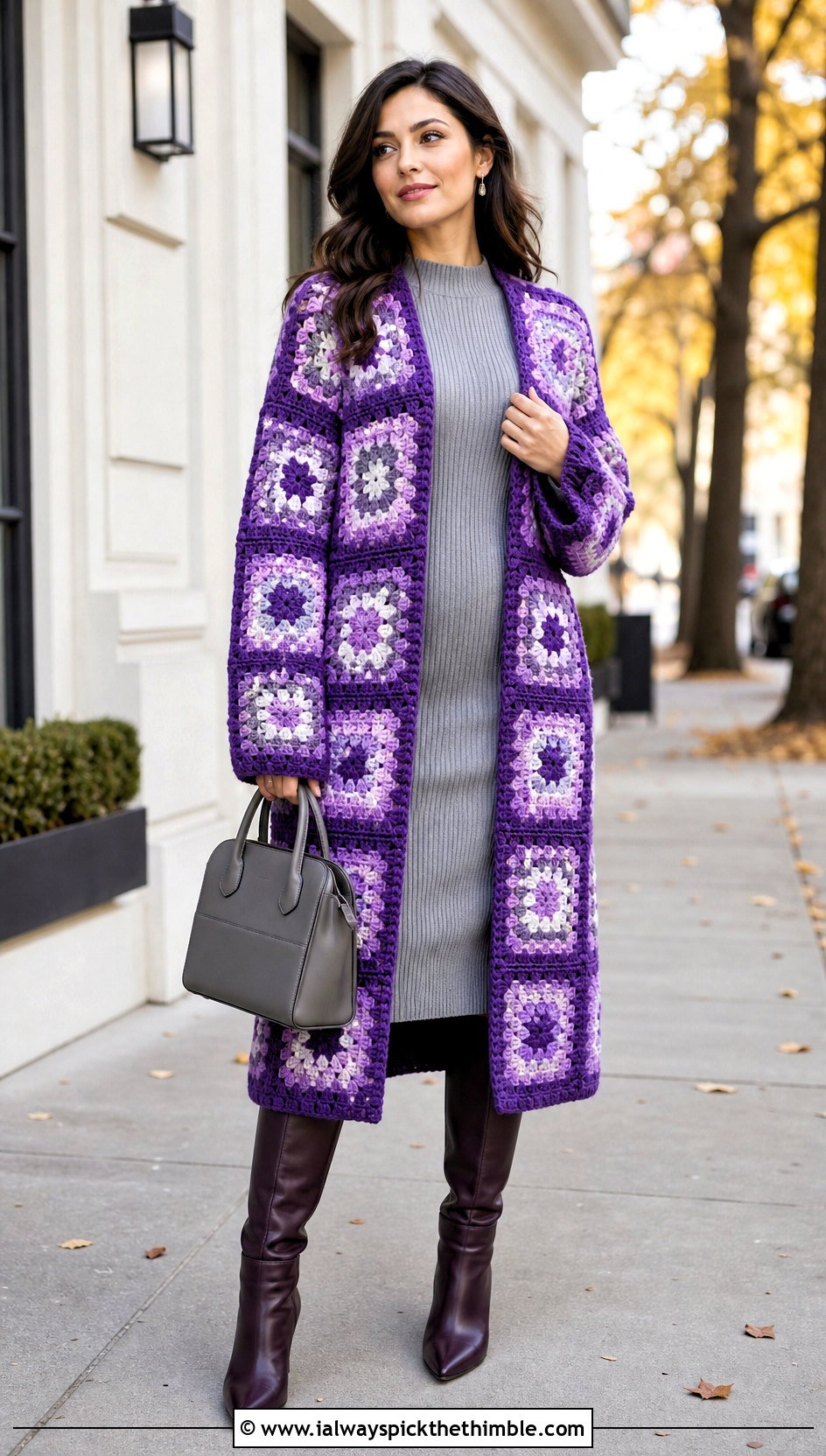 Coat Style Granny Square Cardigan With Knit Dress - 20 Crochet Cardigan From Square outfit ideas