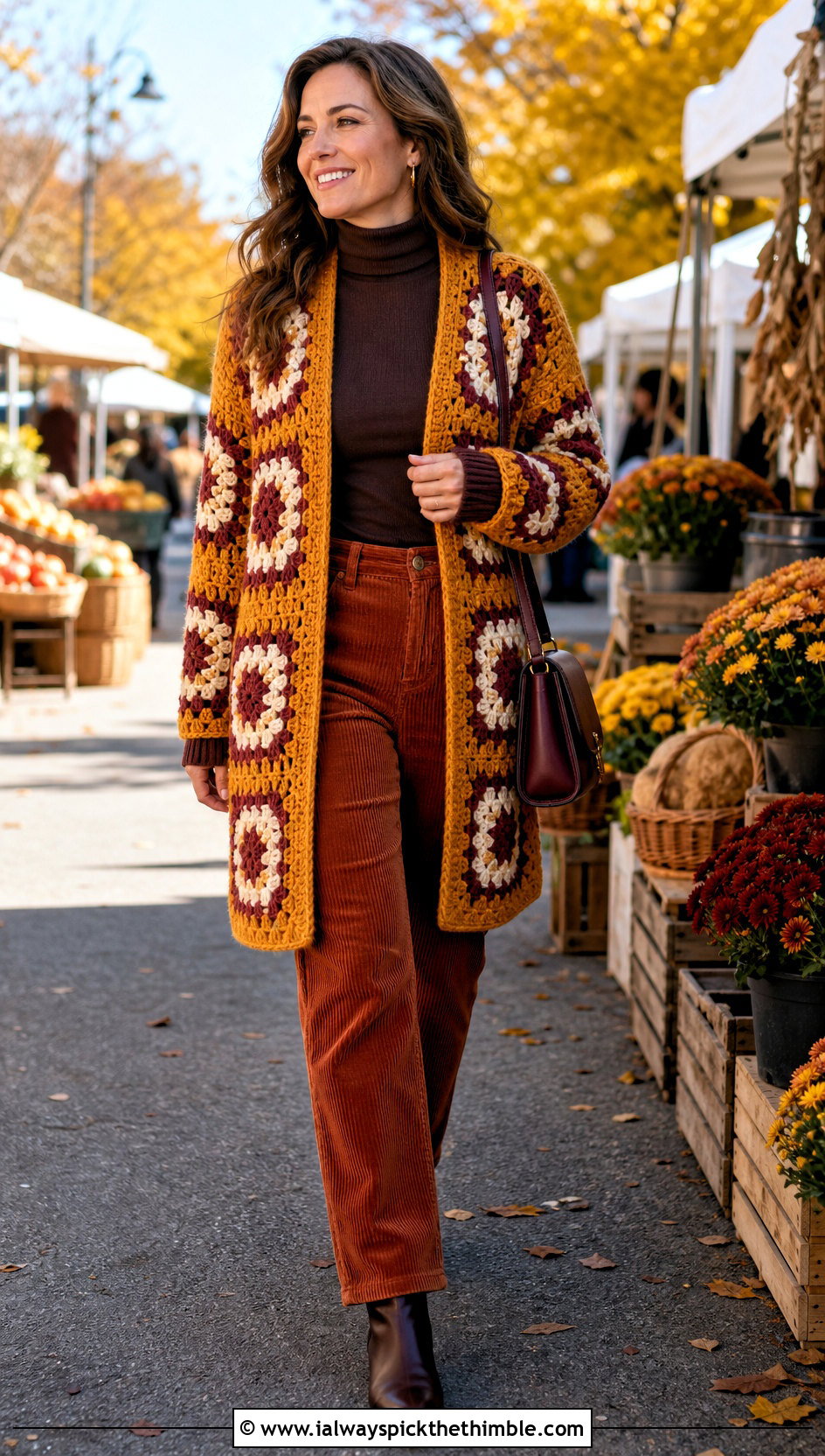Coat Style Granny Square Cardigan With Turtleneck And Corduroy - 15 Granny Square Cardigan Sweaters & Cardigans outfit ideas