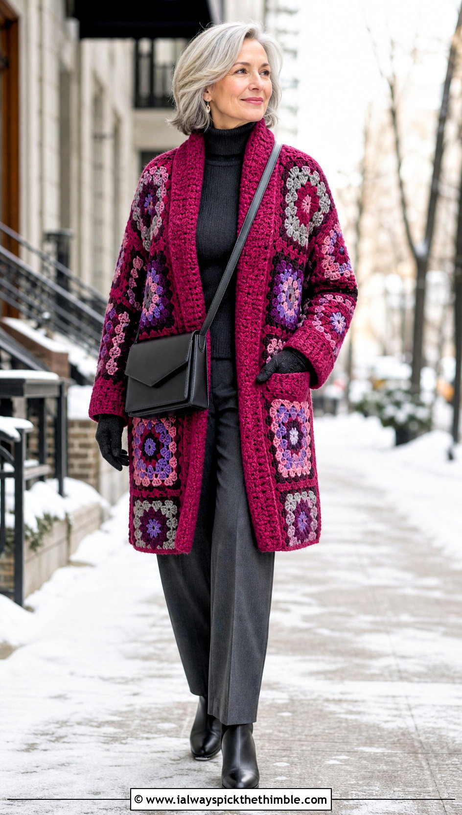 Coat Style Granny Square Cardigan With Turtleneck And Wool Pants - 20 boho granny square cardigan outfit ideas