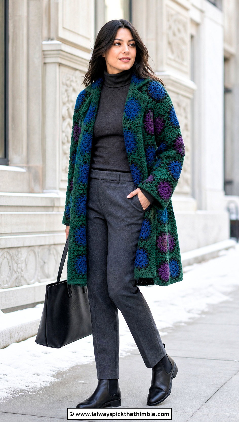 Coat Style Granny Square Cardigan With Turtleneck And Wool Pants - 15 Womens Granny Square Cardigan outfit ideas