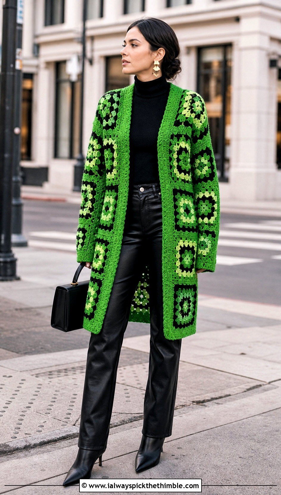 Coat Style Granny Square Crochet Cardigan With Leather Pants - 25 granny square crochet cardigan outfit ideas