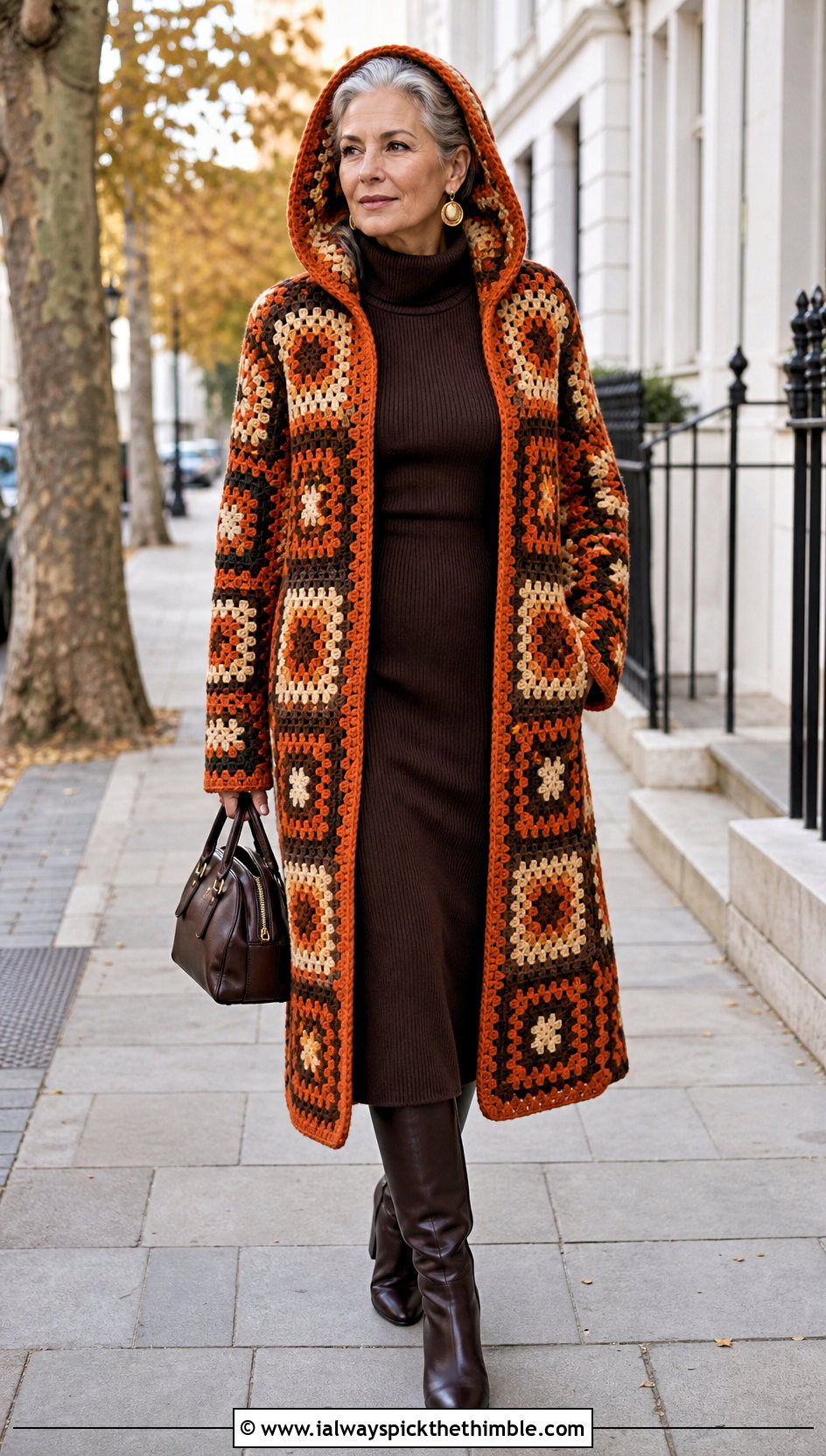 Coat Style Granny Square Hooded Jacket With Knit Dress - 20 Granny Square Hooded Jacket outfit ideas