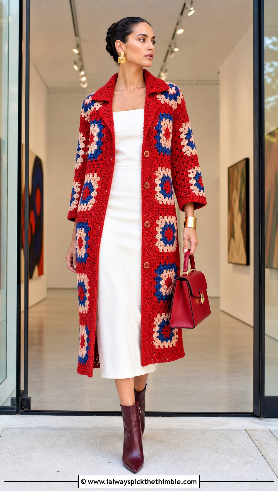 Coat Style Granny Square Long Cardigan With Column Dress - 25 long granny square cardigan outfit ideas