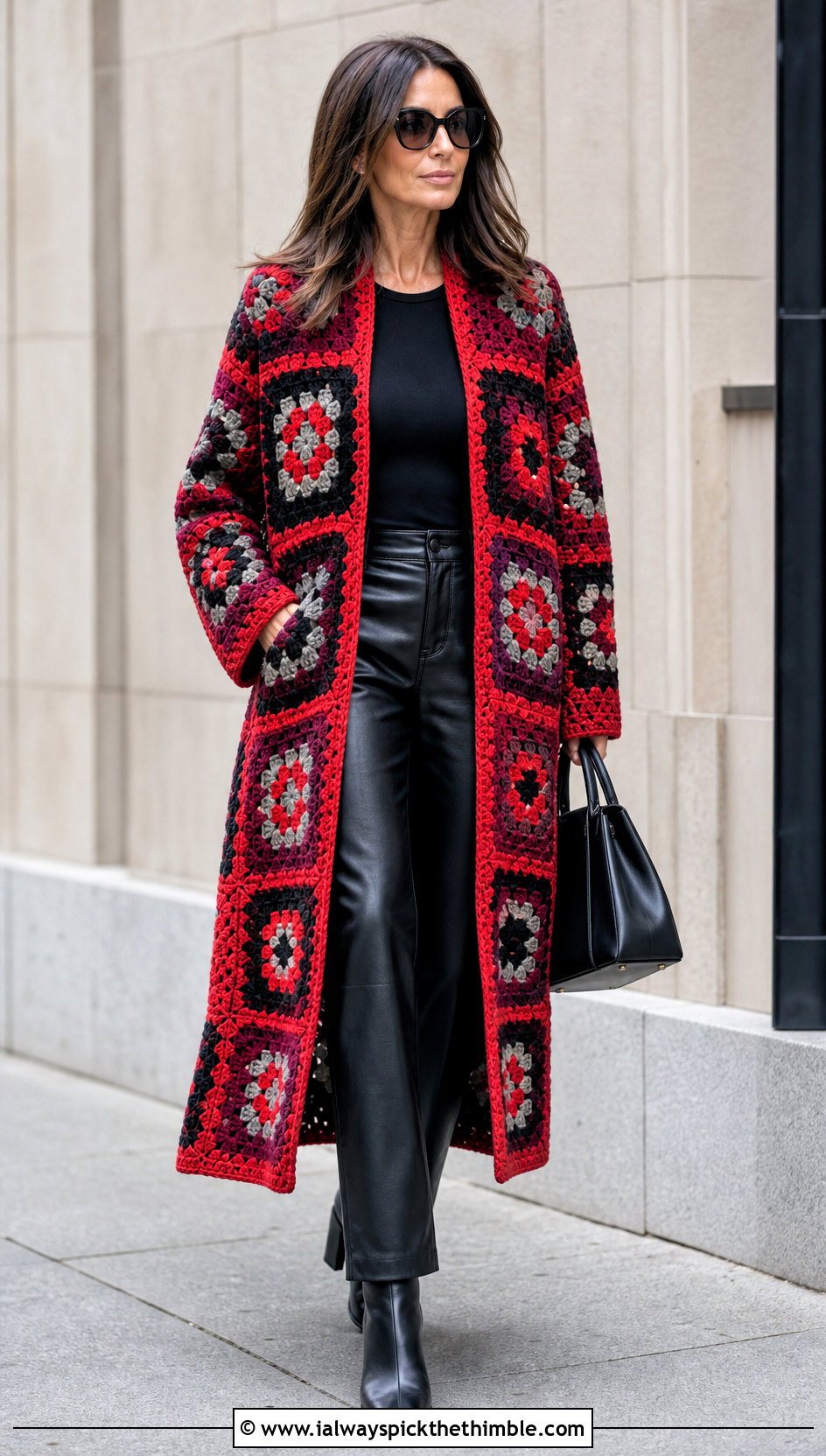 Coat Style Granny Square Long Cardigan With Leather Pants - 20 granny square long cardigan outfit ideas