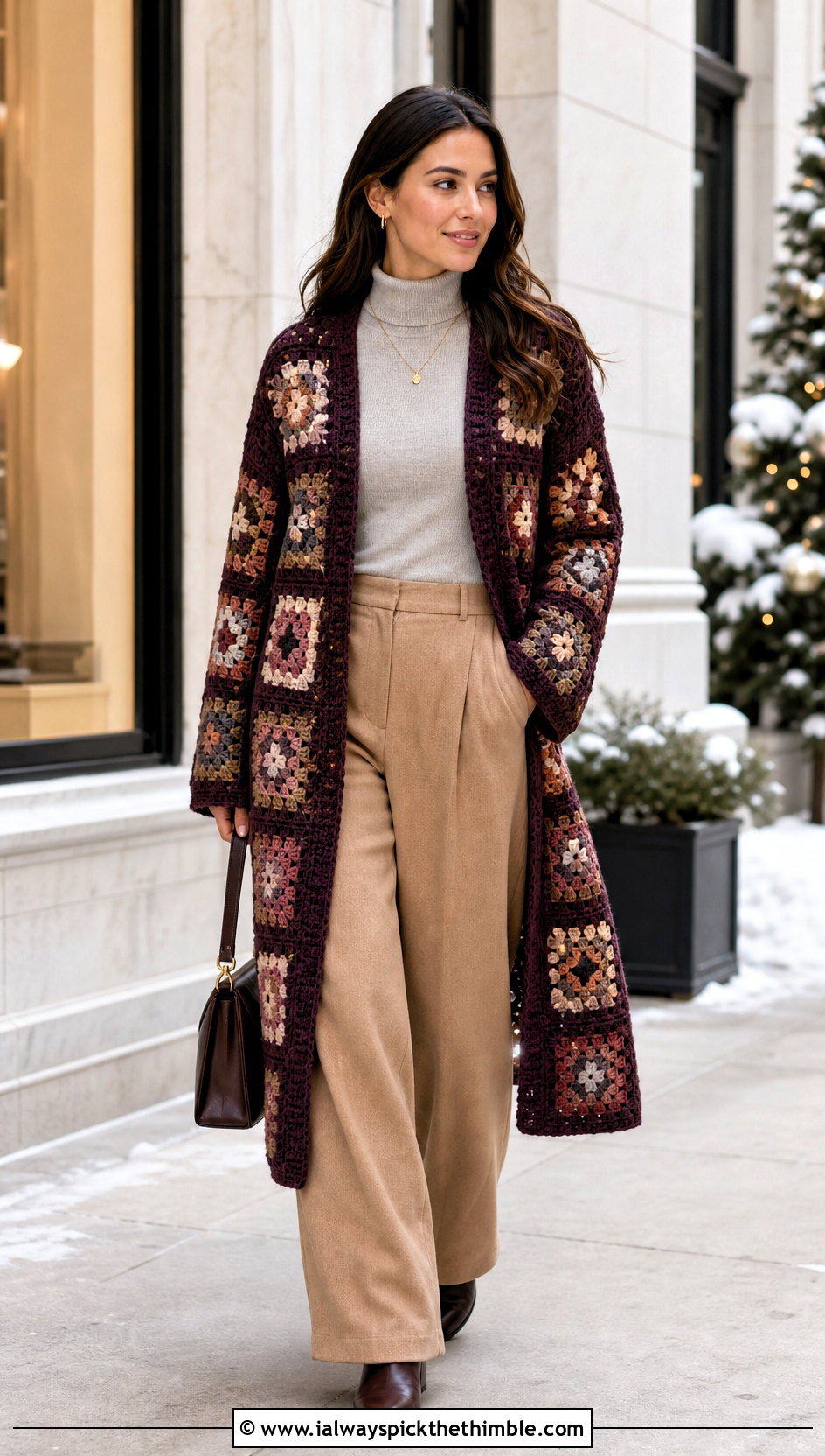 Coat Style One Granny Square Cardigan With Wool Trousers - 20 One Granny Square Cardigan outfit ideas